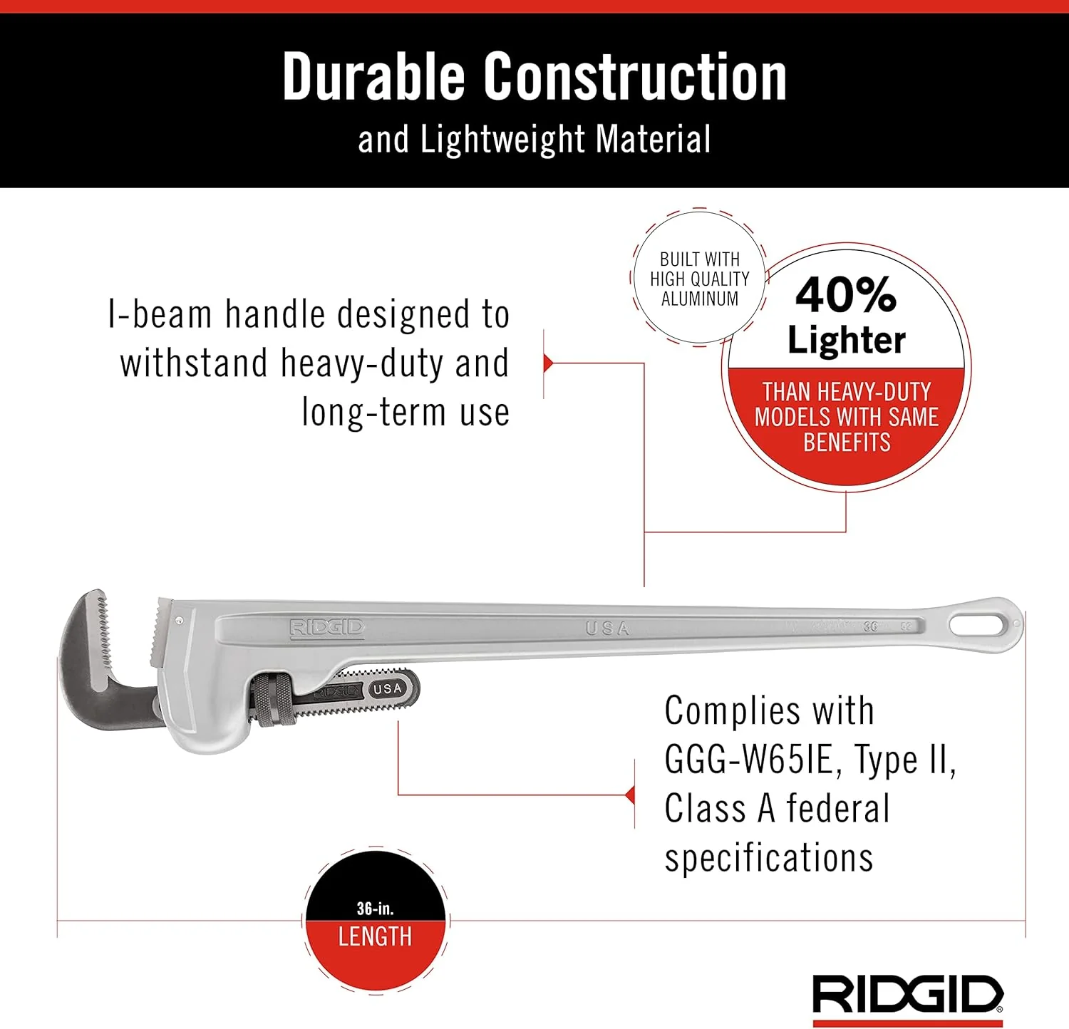 RIDGID (31110) Model 836 Aluminum Straight 36" Plumbing Pipe Wrench, Silver, Made In The USA - Image 4