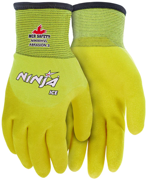Ninja Ice Insulated Work Gloves Hi-Vis 15 Gauge Lime Nylon with Acrylic Terry Interior Over The Knuckle Coated with HPT