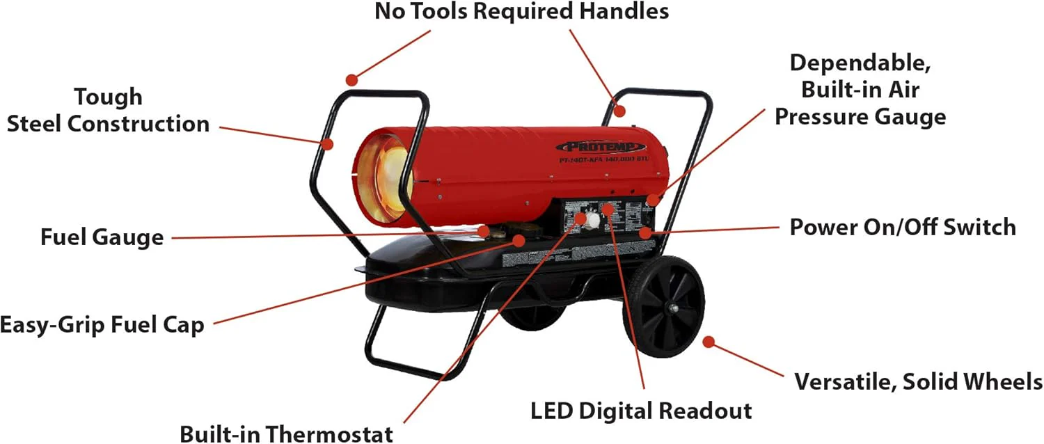 ProTemp PT-140T-KFA 140,000 BTU Kerosene/Diesel Forced Air Torpedo Heater, For Warehouses, Construction, and Workshops - Image 6