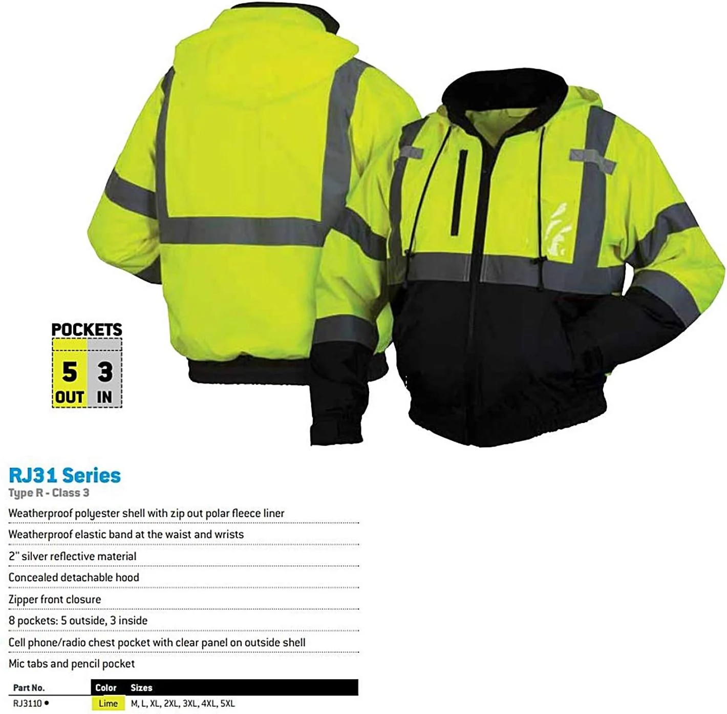 Pyramex RJ31 Series Waterproof Class 3 Fleece Bomber Safety Jacket, Hi Vis Orange, X-Large - Image 5