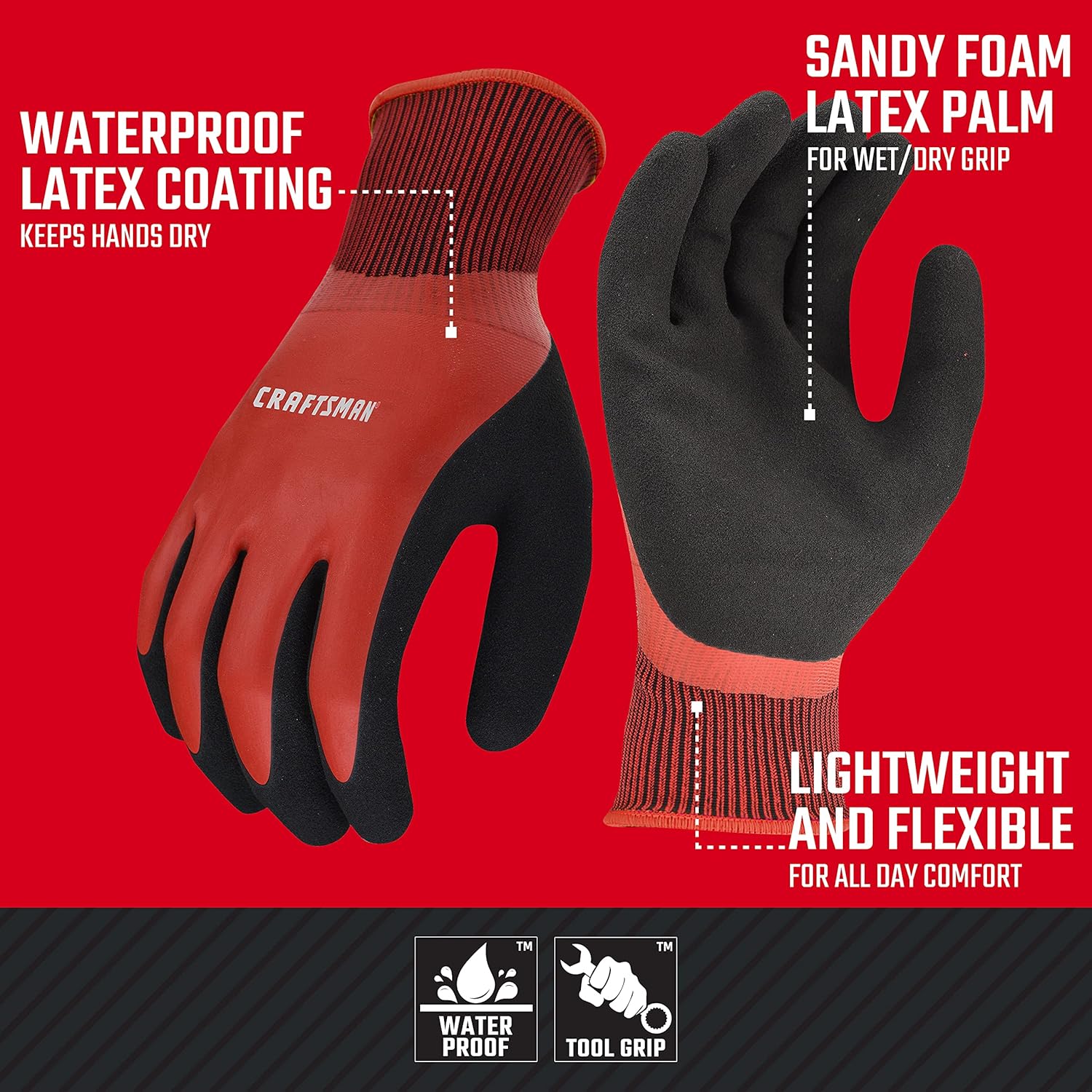 Radians CMXPGRA18L Craftsman Sandy Foam Latex Waterproof Grip Glove, Red, Large (Pack of 2) - Image 2