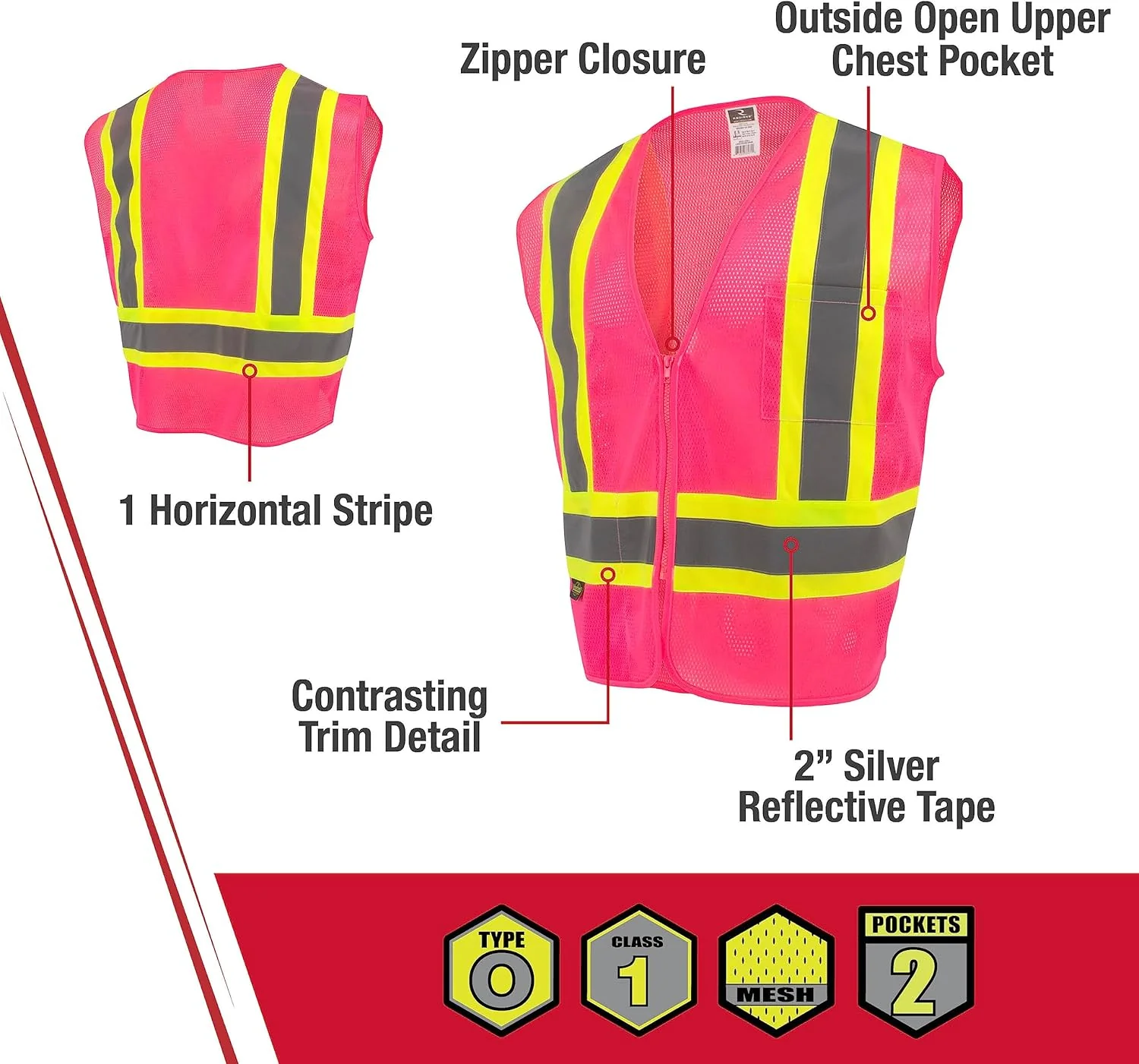 Radians SV22-1 Economy Type O Class 1 Safety Vest, Pink Mesh with Contrasting Tape, Size Small - Image 3