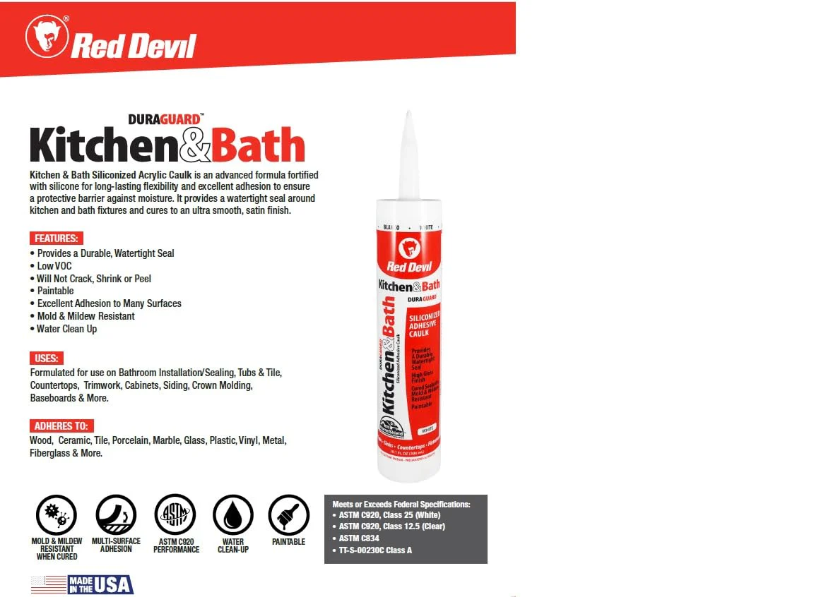 Red Devil 040520 Duraguard Kitchen & Bath Siliconized Acrylic Caulk, 5.5 oz, Biscuit - Image 2