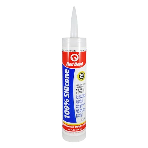 Red Devil 0826 100% Silicone Sealant Architectural Grade, Silicone Architectural Grade RTV Sealant, A Water-Resistant Adhesive for Interior and Exterior Use, 9.8 oz. Tube, Clear, 12 Pack
