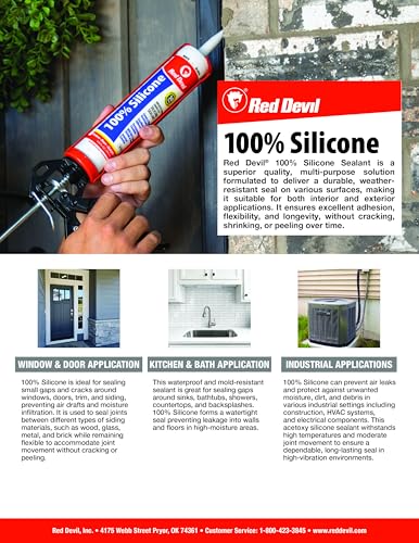 Red Devil 0826 100% Silicone Sealant Architectural Grade, Silicone Architectural Grade RTV Sealant, A Water-Resistant Adhesive for Interior and Exterior Use, 9.8 oz. Tube, Clear, 12 Pack - Image 5