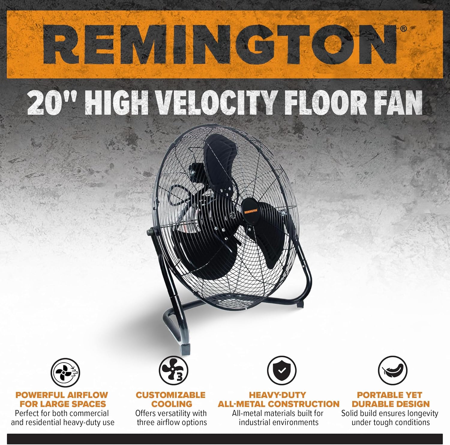 Remington 20REM-F High Velocity Floor Fan, 3 Speed Portable Cooling Unit, Heavy Duty Metal Airflow for Large Shops, Garages, and Warehouses, 20 Inch, Black - Image 2