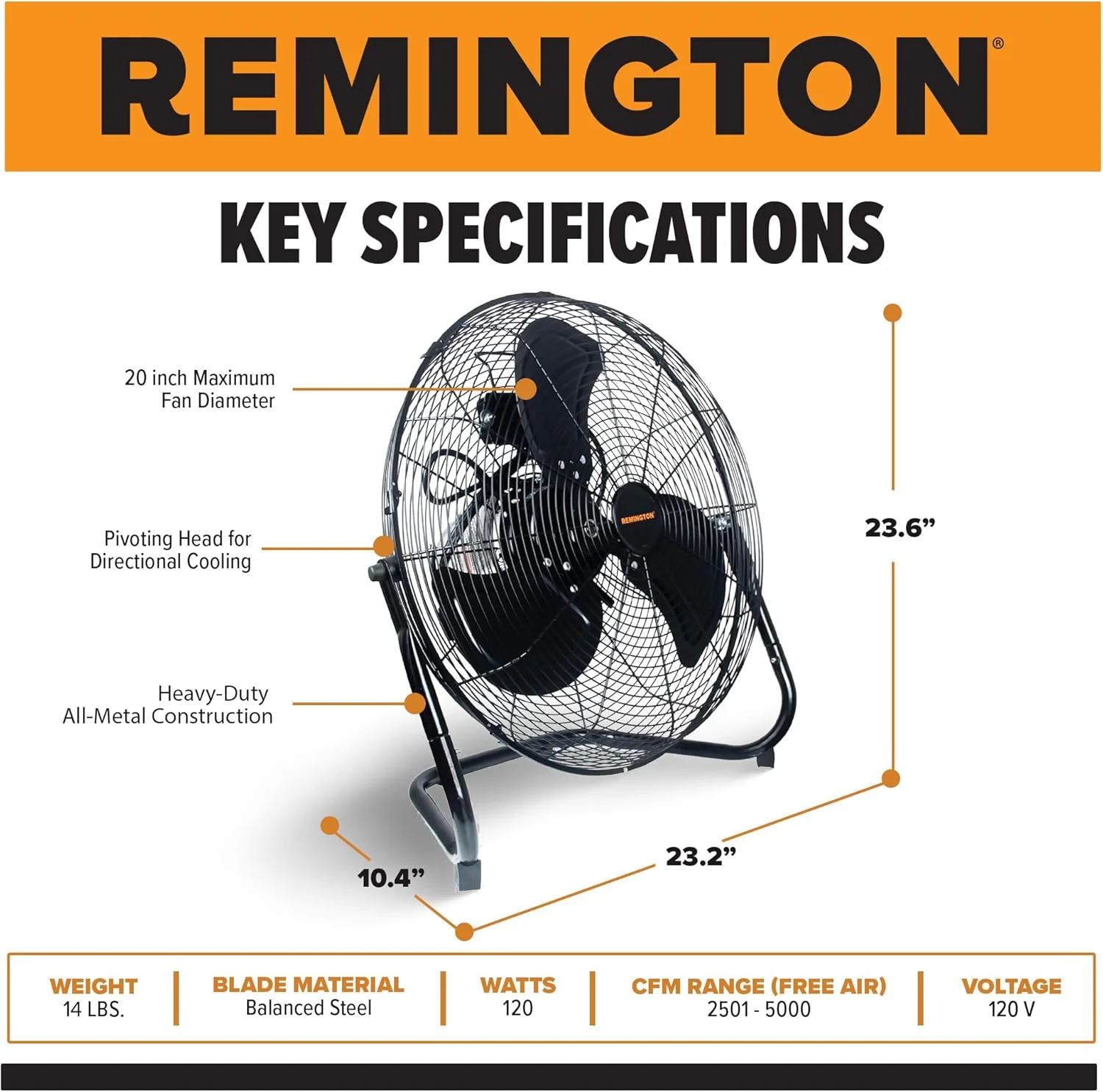 Remington 20REM-F High Velocity Floor Fan, 3 Speed Portable Cooling Unit, Heavy Duty Metal Airflow for Large Shops, Garages, and Warehouses, 20 Inch, Black - Image 3