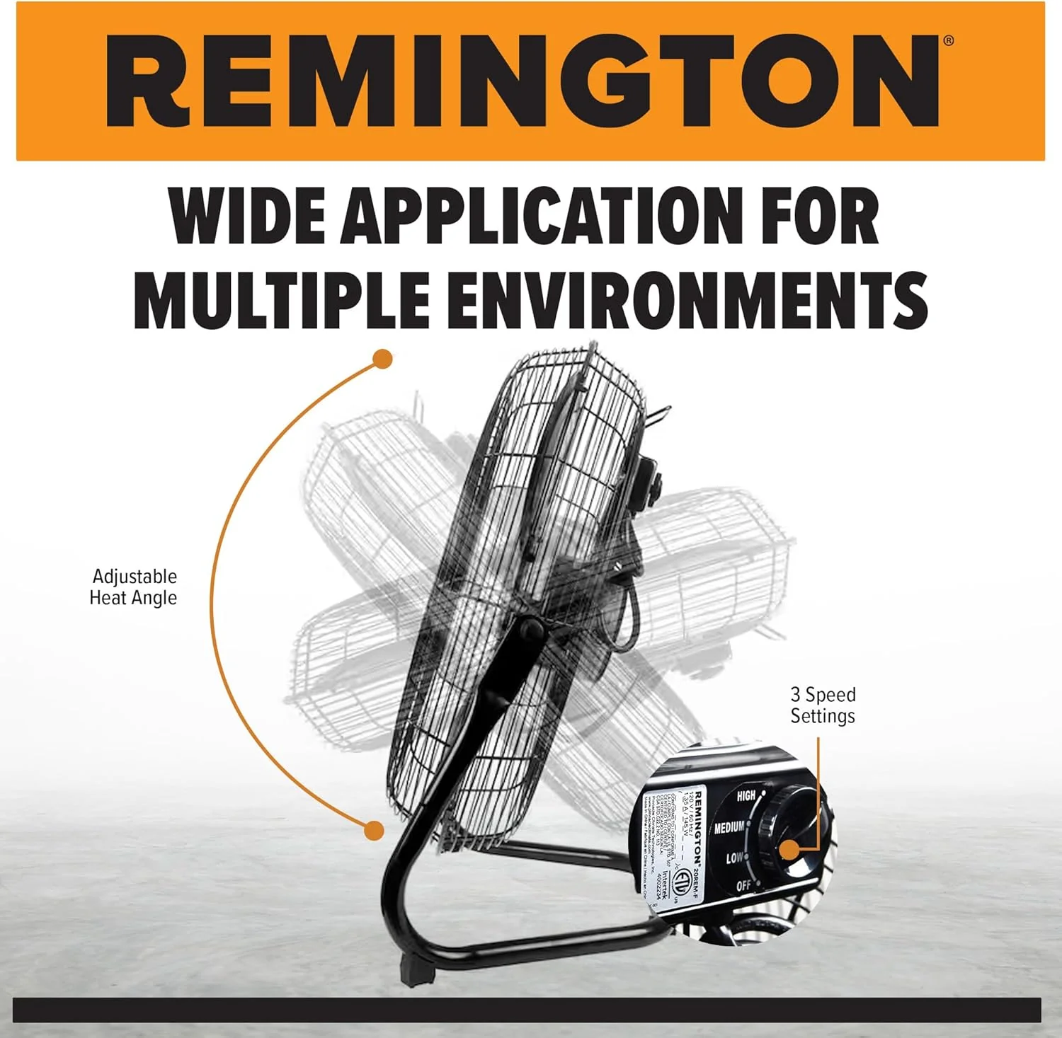 Remington 20REM-F High Velocity Floor Fan, 3 Speed Portable Cooling Unit, Heavy Duty Metal Airflow for Large Shops, Garages, and Warehouses, 20 Inch, Black - Image 4