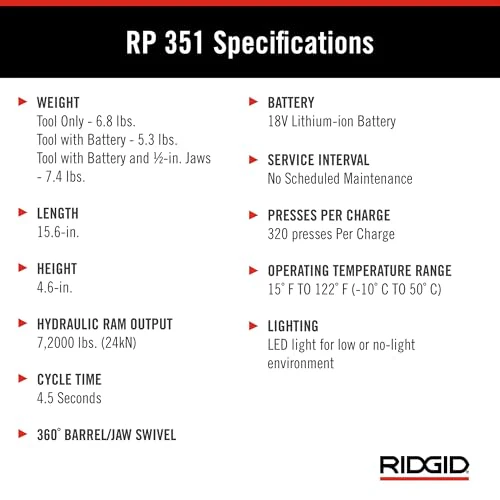 RIDGID 67178 Model RP 351 ProPress Standard Press Tool Kit with Battery, Charger, 1/2" to 2" Press Tool Jaws, and Carrying Case - Image 8