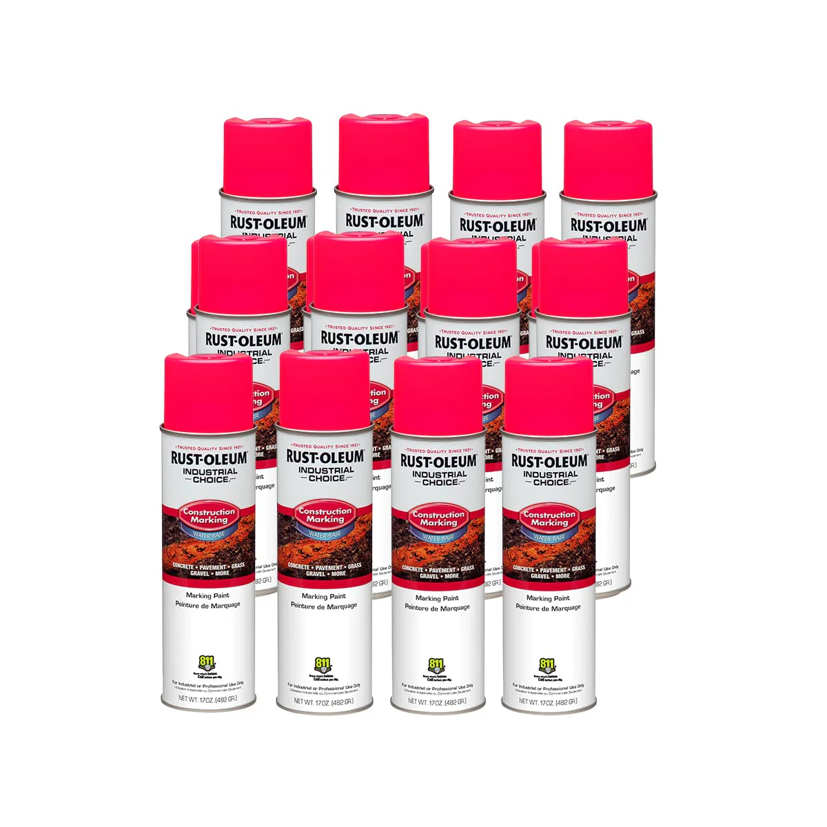 Rust-Oleum 264702 Industrial Choice M1400 System Water-Based Construction Marking Spray Paint, 17 oz, Fluorescent Pink (Pack of 12)