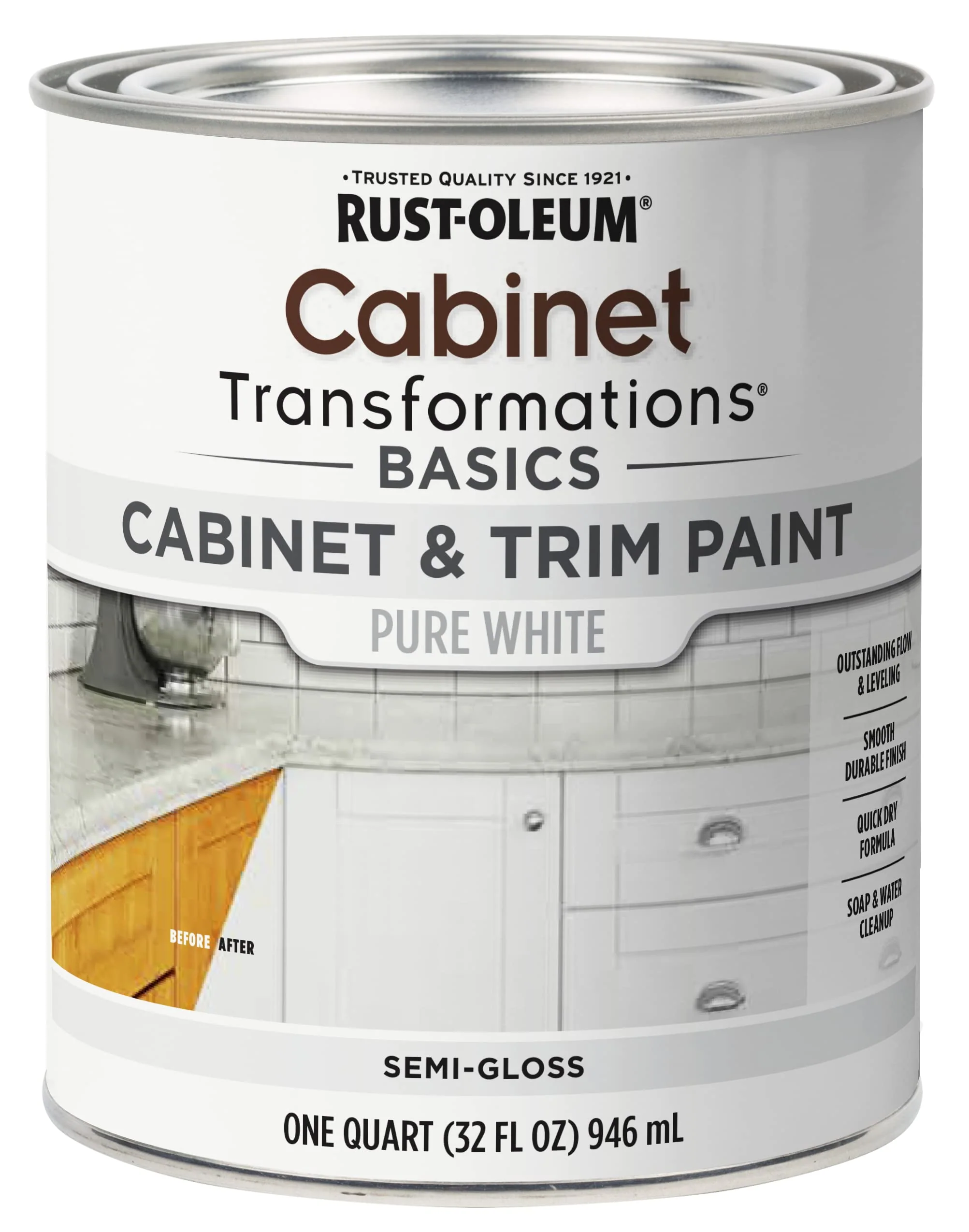 Rust-Oleum 372007 Transformations Basics Cabinet & Trim Paint, Quart, Pure White, 32 Fl Oz (Pack of 1)