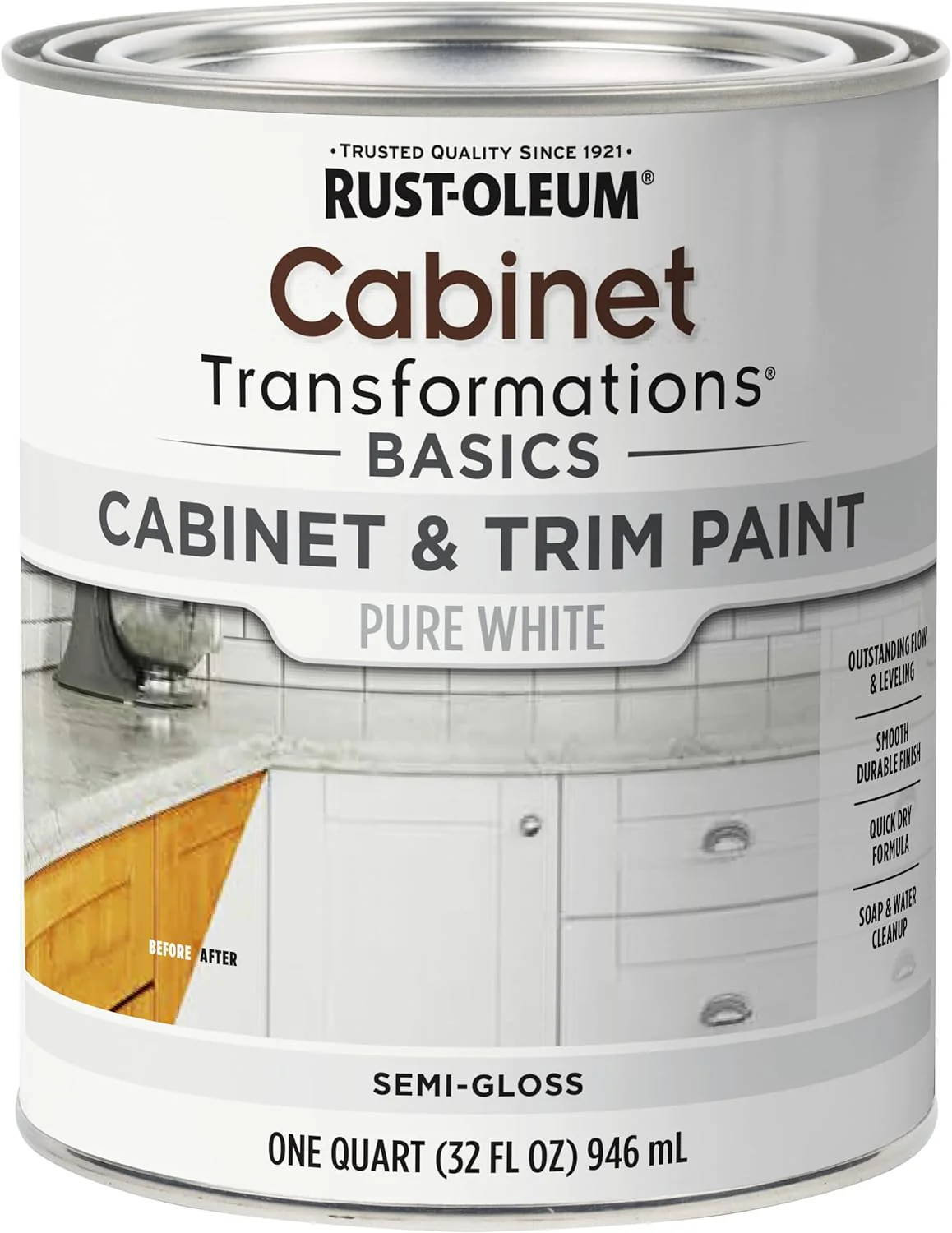 Rust-Oleum 372007 Transformations Basics Cabinet & Trim Paint, Quart, Pure White, 32 Fl Oz (Pack of 1) - Image 2