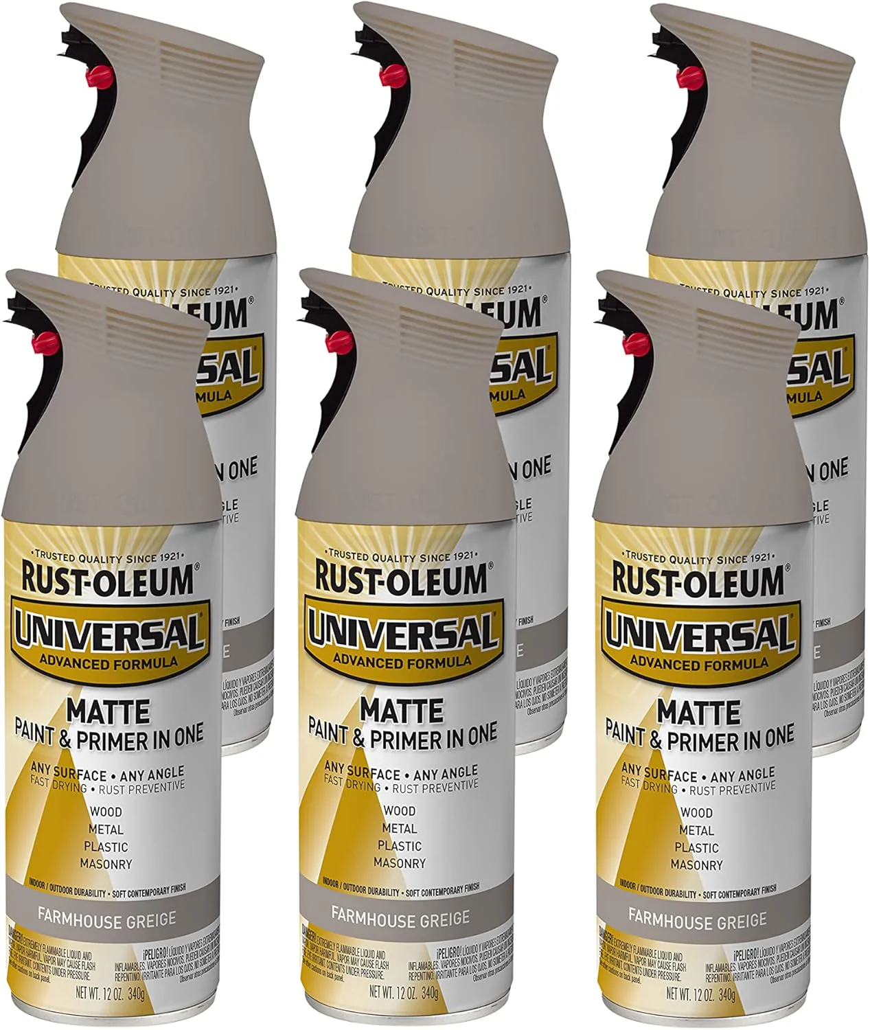 Rust-Oleum 376724 Universal All Surface Spray Paint, 12 oz, Matte Farmhouse Greige (Pack of 6) - Image 2