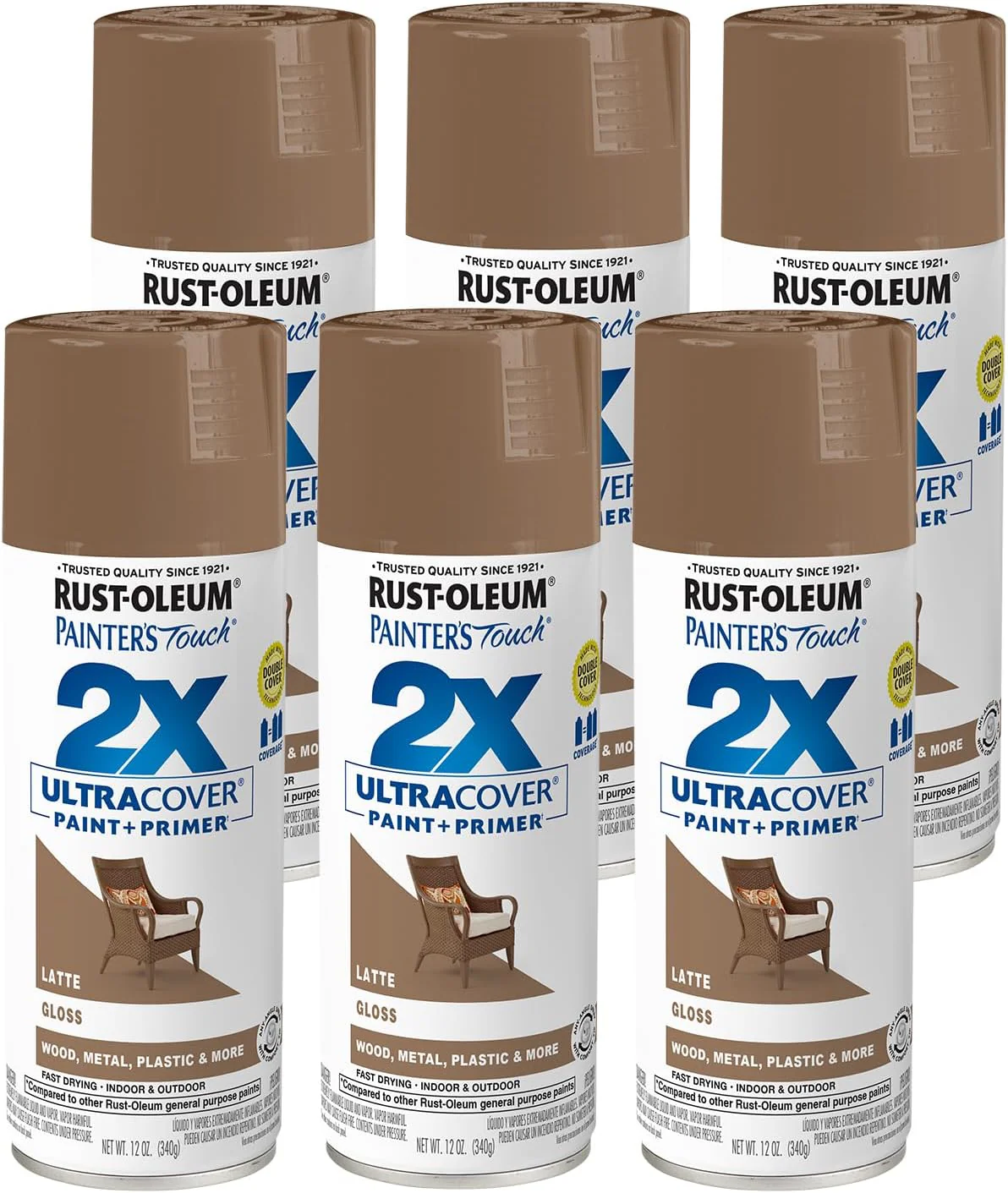 Rust-Oleum 383203 Painter's Touch 2X Ultra Cover Spray Paint, 12 oz, Gloss Latte (Pack of 6) - Image 2