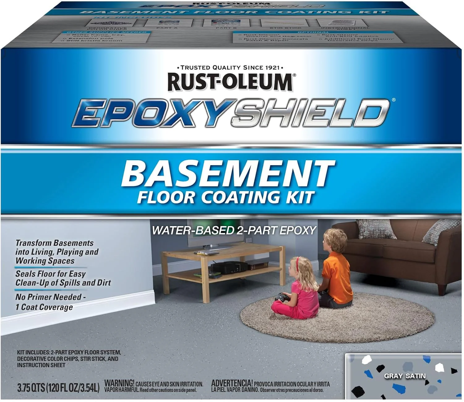 Rust-Oleum 391282 EpoxyShield Basement Floor Coating Kit, Gallon, Gray Satin - Image 2