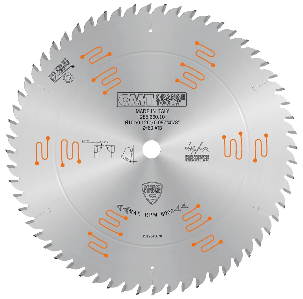 CMT Orange (285.660.10) Chrome Heavy-Duty CROSSCUTTING Blade 10" x T60 ATB, D 10 254mm, T 60, B 5/8, K .126, P .087