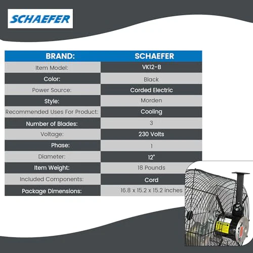 Schaefer VK12-B VersaKool Air Circulator Fan, Ceiling Wall Mount Greenhouse Fan & Aluminum Blade, 1470 CFM, 1/10 hp, Energy-Efficient Commercial Fan for Patio, Garage, Industrial & Workshop (Black) - Image 4