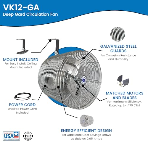 Schaefer VK12-GA VersaKool Air Circulator Fan, Ceiling Wall Mount Greenhouse Fan & Aluminum Blade, 1470 CFM, 1/10 hp, Energy-Efficient Commercial Fan for Patio, Garage, Industrial & Workshop (Silver) - Image 2