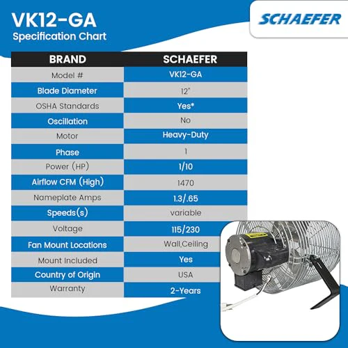 Schaefer VK12-GA VersaKool Air Circulator Fan, Ceiling Wall Mount Greenhouse Fan & Aluminum Blade, 1470 CFM, 1/10 hp, Energy-Efficient Commercial Fan for Patio, Garage, Industrial & Workshop (Silver) - Image 5
