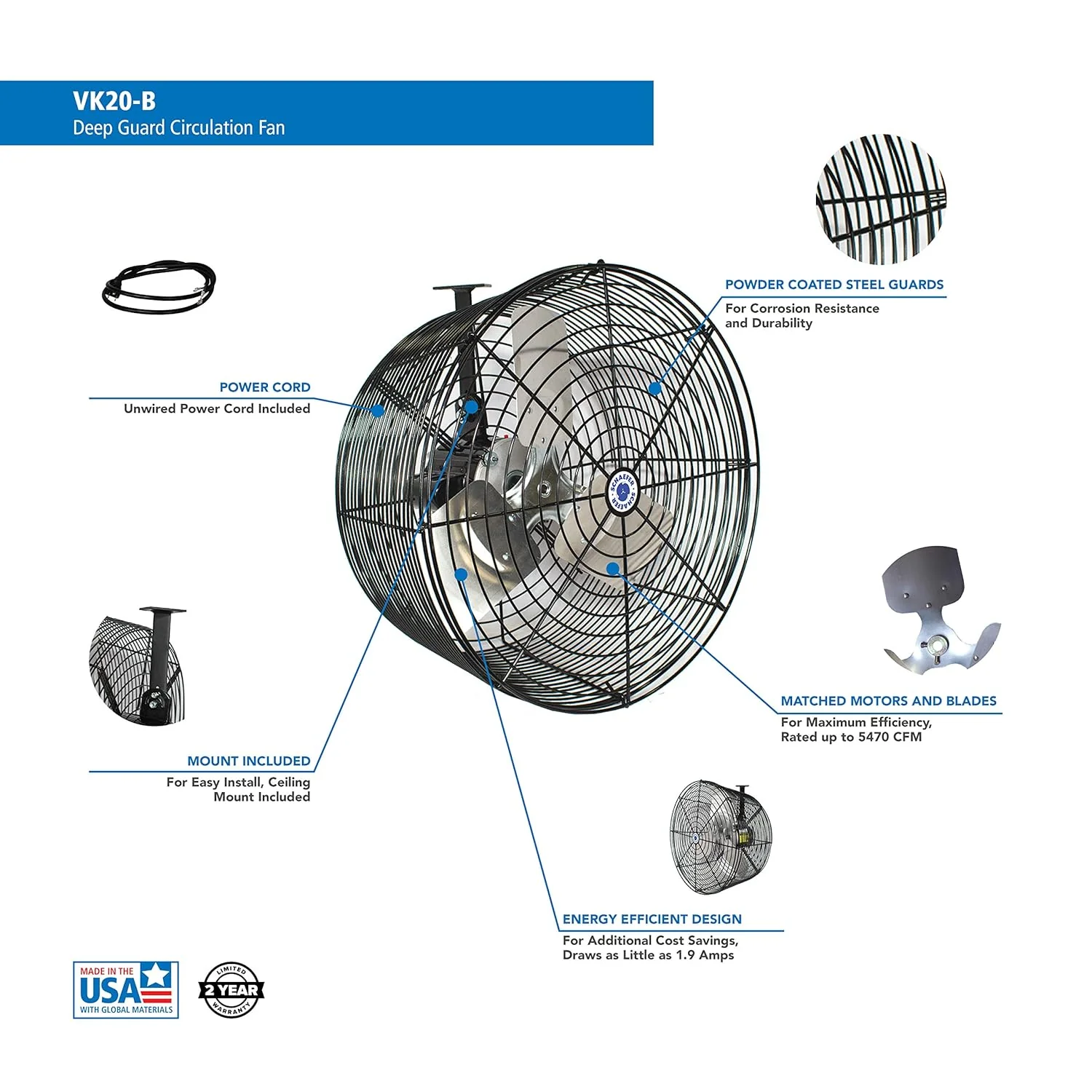Schaefer VK20-B VersaKool Air Circulator Fan & Aluminum Blade, Ceiling Wall Mount Greenhouse Fan, 5470 CFM, 1/3 hp, Energy-Efficient Commercial use for Patio, Garage, Industrial & Workshop (Black) - Image 5