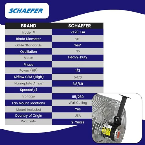 Schaefer VK20-GA Versa-Kool Air Circulator Fan W/Button Control, Ceiling Wall Mount Greenhouse Fan & Steel Guards, 5470CFM, 1/3 hp, 20" Deep Guard Commercial Fan for Patio, Industrial, Silver color - Image 4