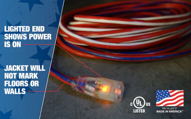Southwire 100-Feet, Contractor Grade, 12/3 Extension Cord, With Lighted End, Red White And Blue, American Made Extension Cord, Indoor and Outdoor Use, Water Resistant Flexible Jacket - Image 3
