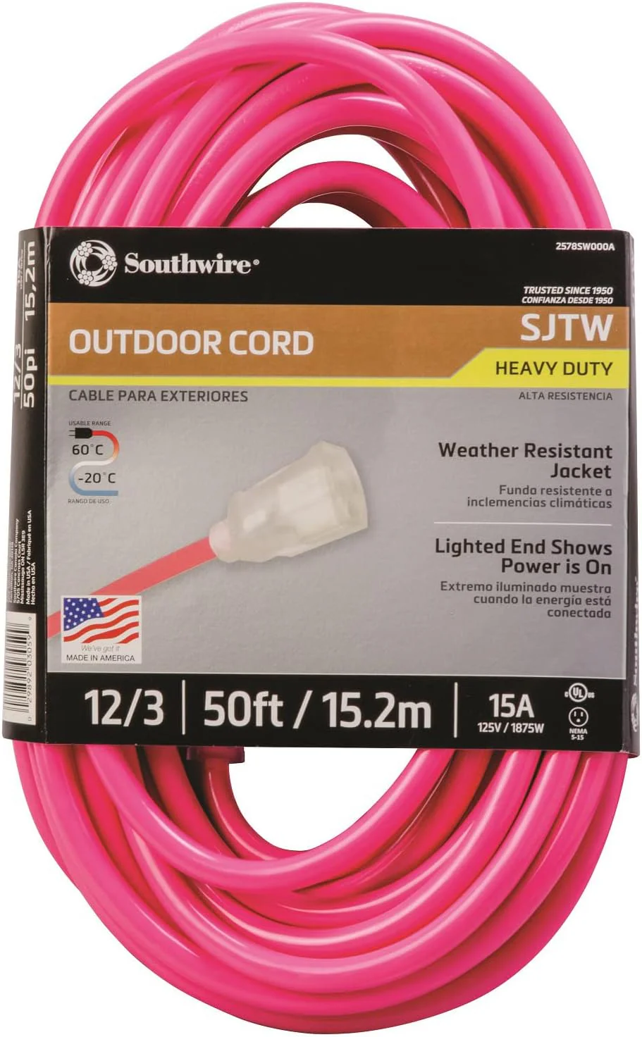 Southwire Heavy Duty Extension Cord, 50Ft, 12 Gauge, 3 Conductor, High Visibility Outdoor Cord, Lighted End, SJTW, Cool Pink - 2578SW000A - Image 2