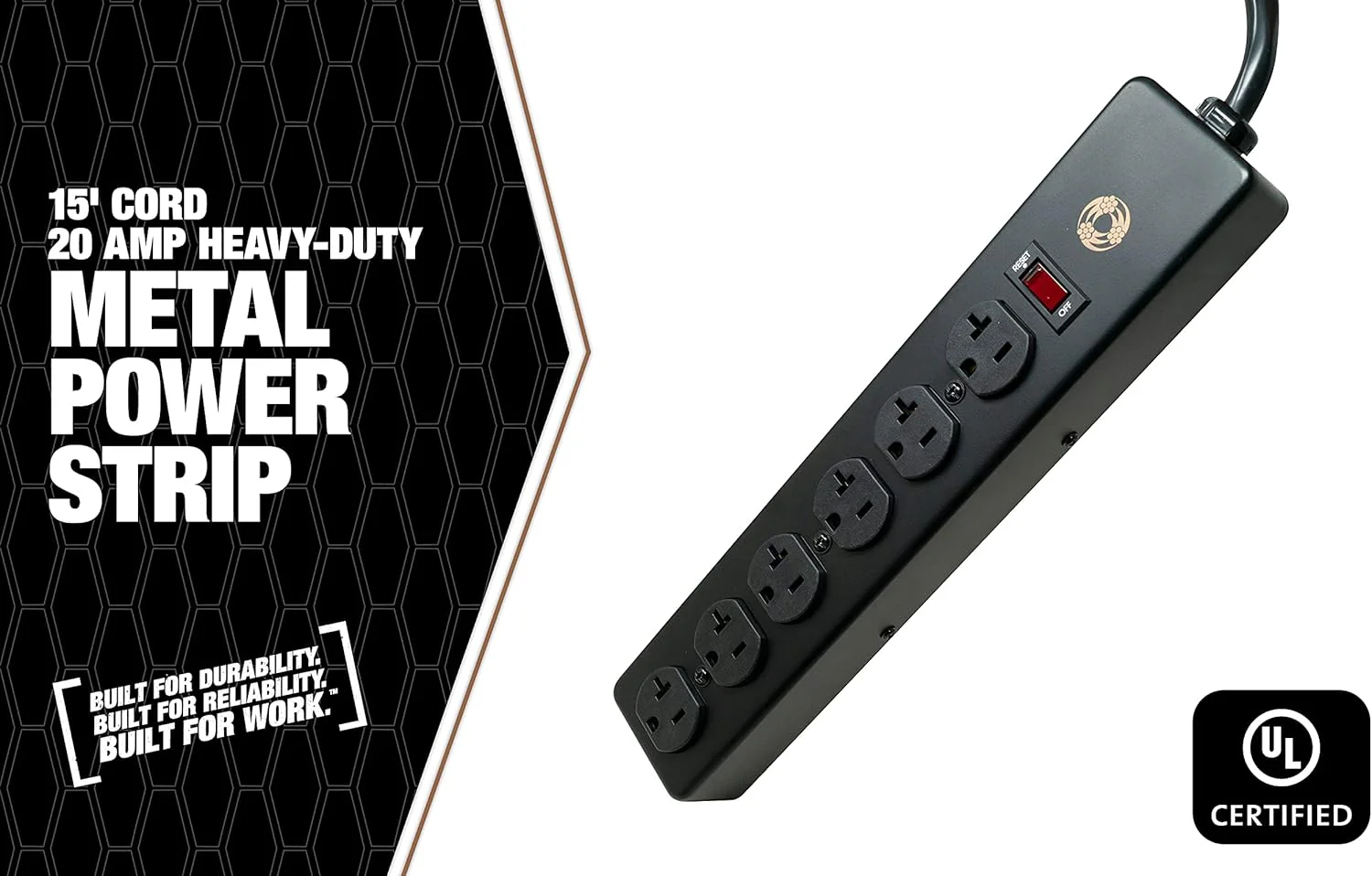 Southwire 5122 20 Amp Rated, 6 Outlet all Metal Power Strip with NEMA 5-20 P&R, 15-foot 12/3 Cord Black 15 ft 6-Outlet 20 Amp - Image 3