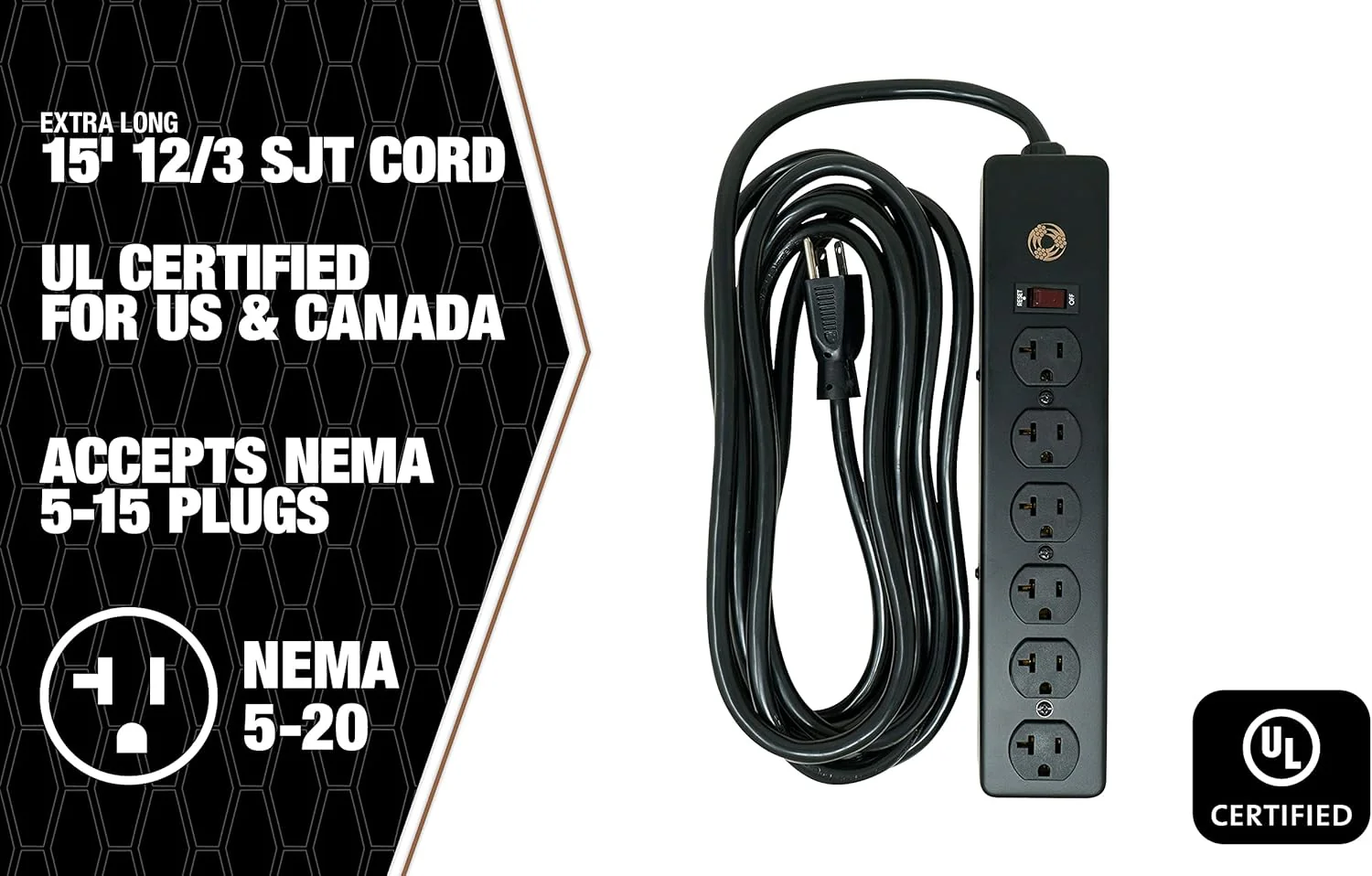 Southwire 5122 20 Amp Rated, 6 Outlet all Metal Power Strip with NEMA 5-20 P&R, 15-foot 12/3 Cord Black 15 ft 6-Outlet 20 Amp - Image 5