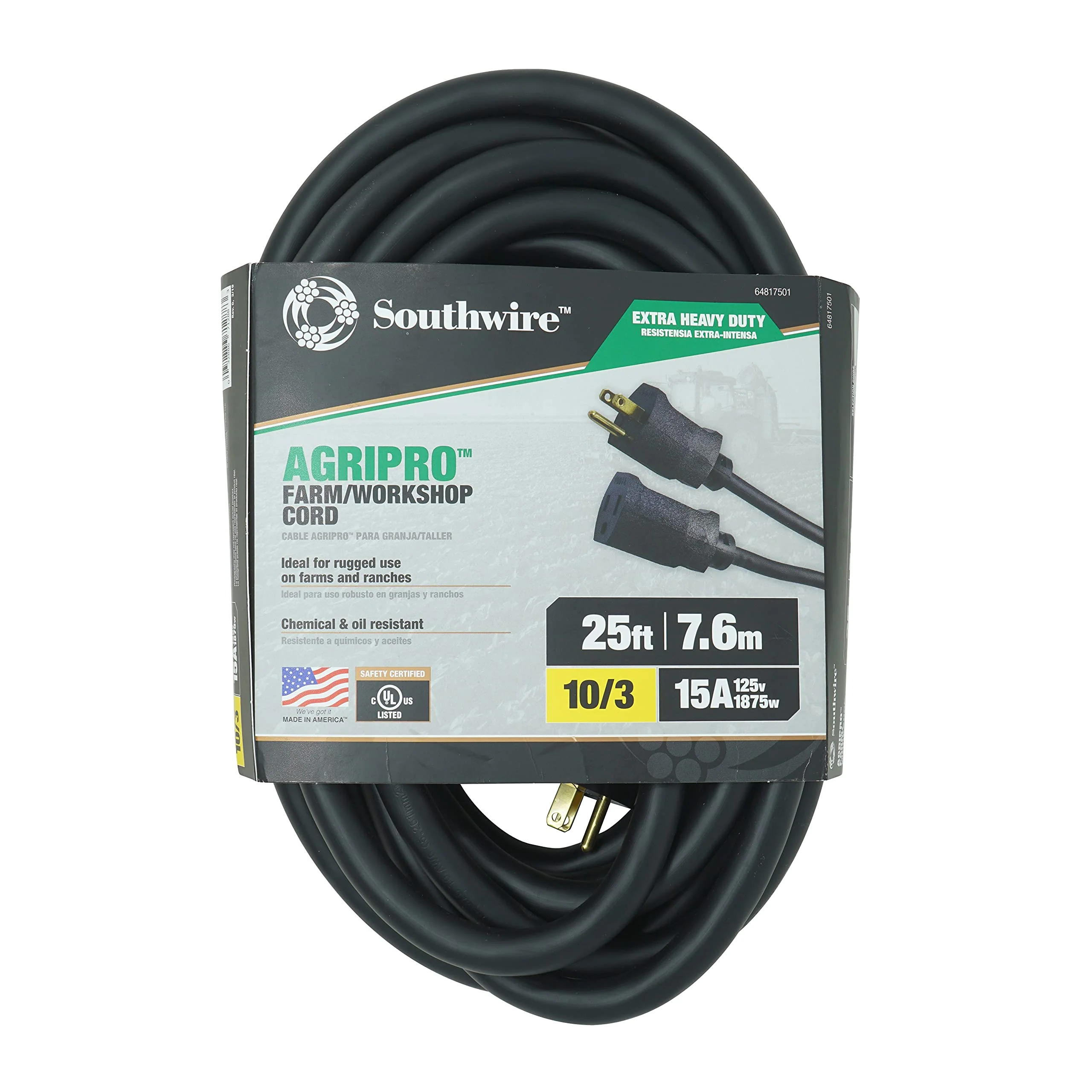 Southwire AGRIPRO 10/3 Extra Heavy Duty Extension Cord, 25ft, Farm/Workshop Cord, SJTOW, Black, 64817501 Black 10/3 Gauge