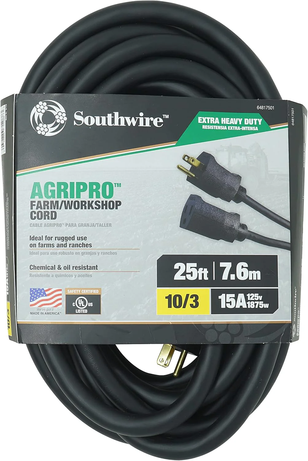 Southwire AGRIPRO 10/3 Extra Heavy Duty Extension Cord, 25ft, Farm/Workshop Cord, SJTOW, Black, 64817501 Black 10/3 Gauge - Image 2