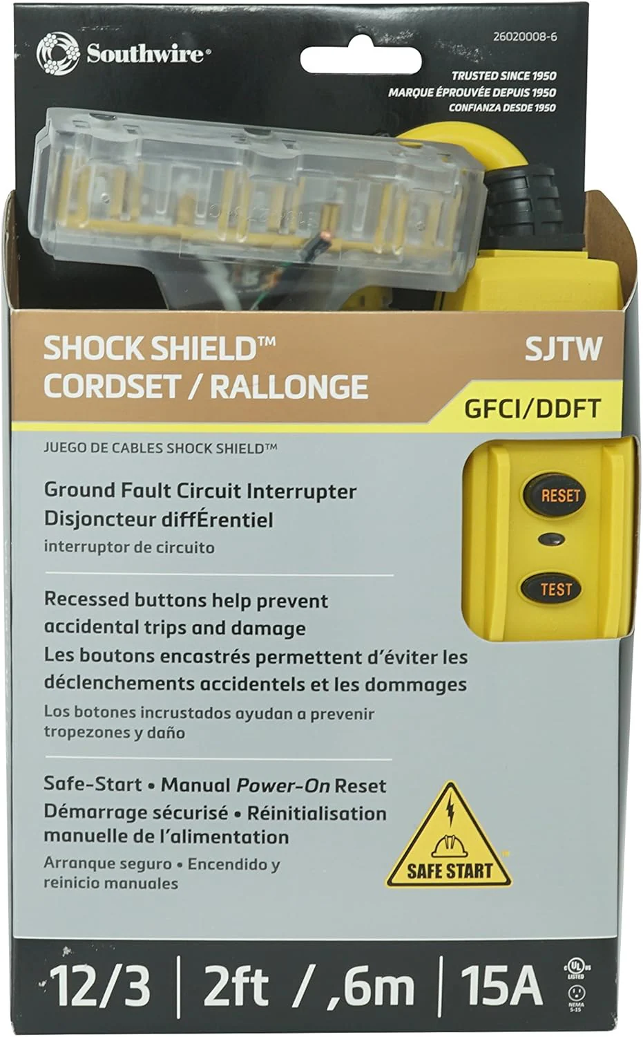 Southwire 26020008-6 12/3 Gauge Shockshield GFCI Protected In-line Tri-Cord Set with 3-Outlets; 2-Feet; 15-Amp - Image 2