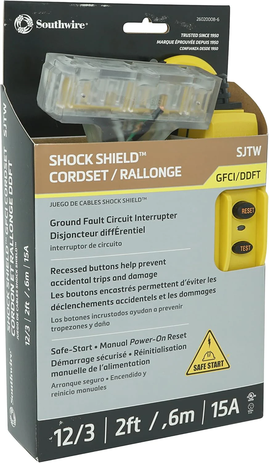 Southwire 26020008-6 12/3 Gauge Shockshield GFCI Protected In-line Tri-Cord Set with 3-Outlets; 2-Feet; 15-Amp - Image 3
