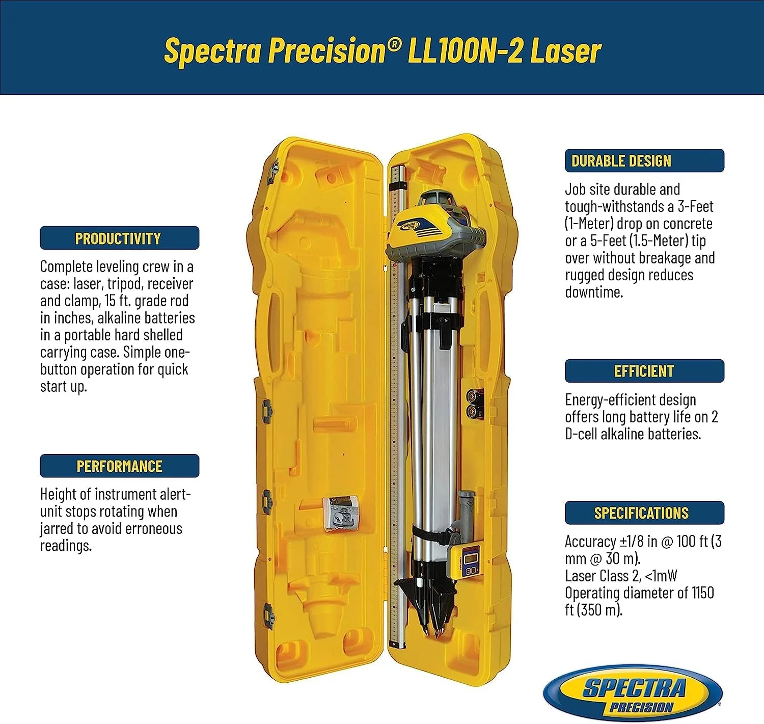 Spectra Precision Laser Level Kit with Receiver, Rod (Inches), Tripod and Case LL100N-2 - Image 4
