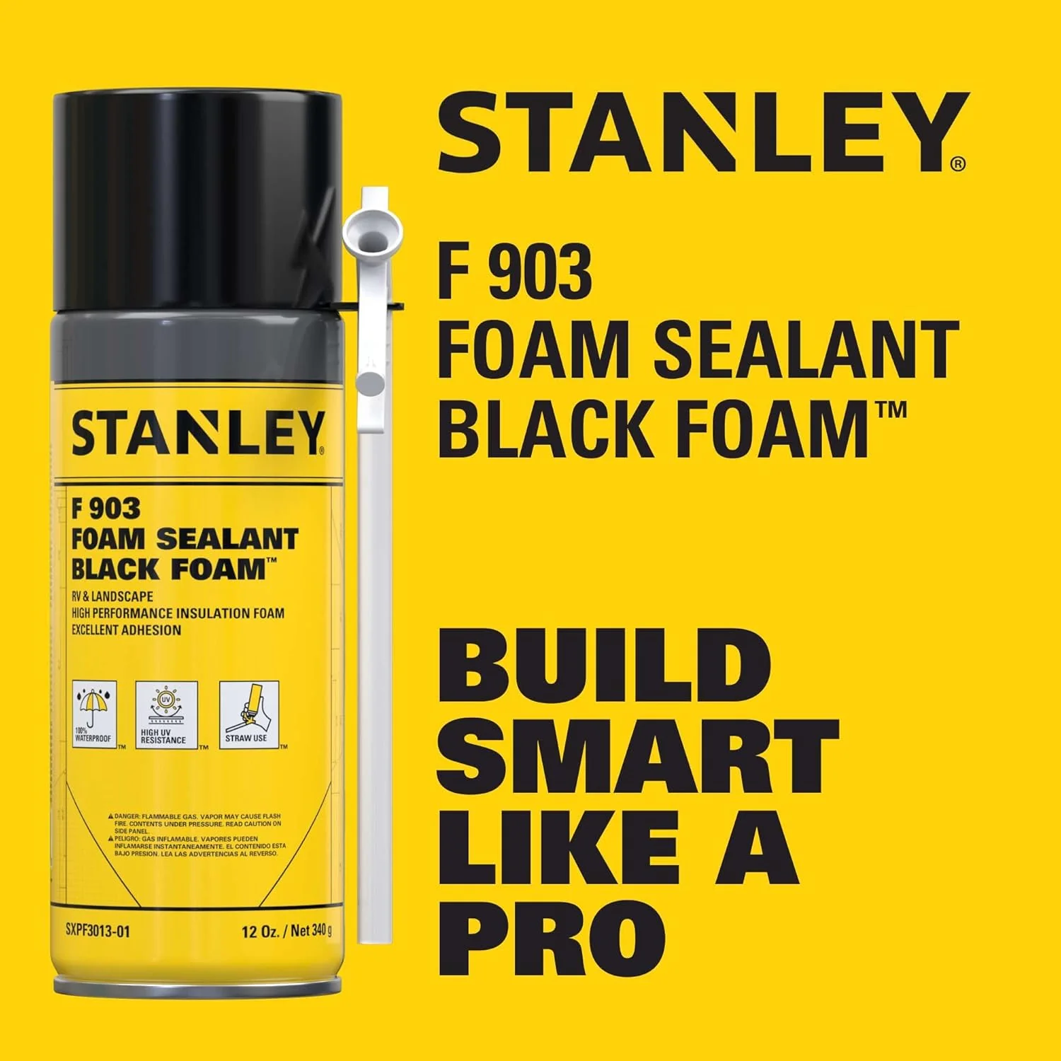 Stanley F903 Black Spray Foam Sealant, 12 oz, Waterproof Expanding Polyurethane Foam for RV, Pond, Waterfall, Landscape & Automotive Applications, UV Resistant, Gap Filler Foam (Pack of 1) - Image 2