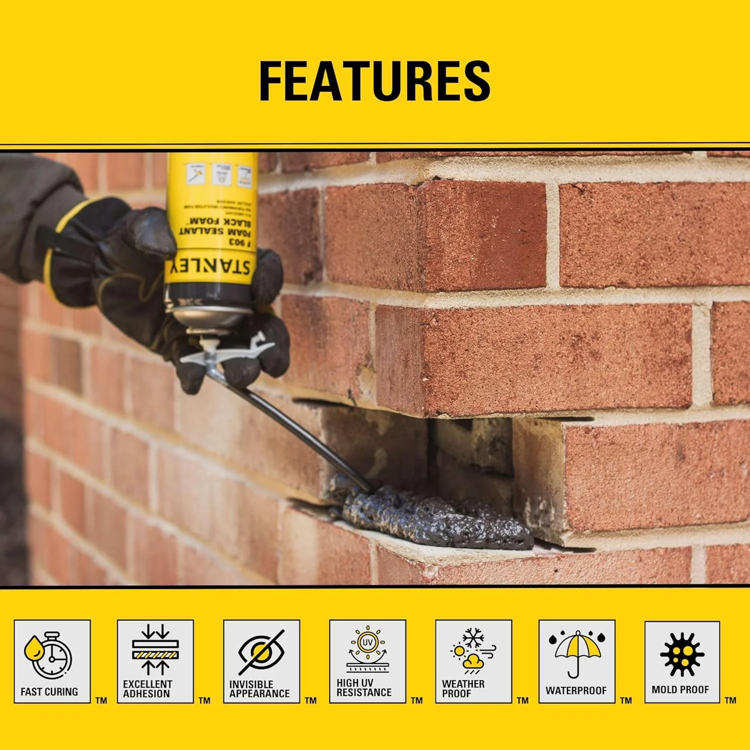 Stanley F903 Black Spray Foam Sealant, 12 oz, Waterproof Expanding Polyurethane Foam for RV, Pond, Waterfall, Landscape & Automotive Applications, UV Resistant, Gap Filler Foam (Pack of 1) - Image 8