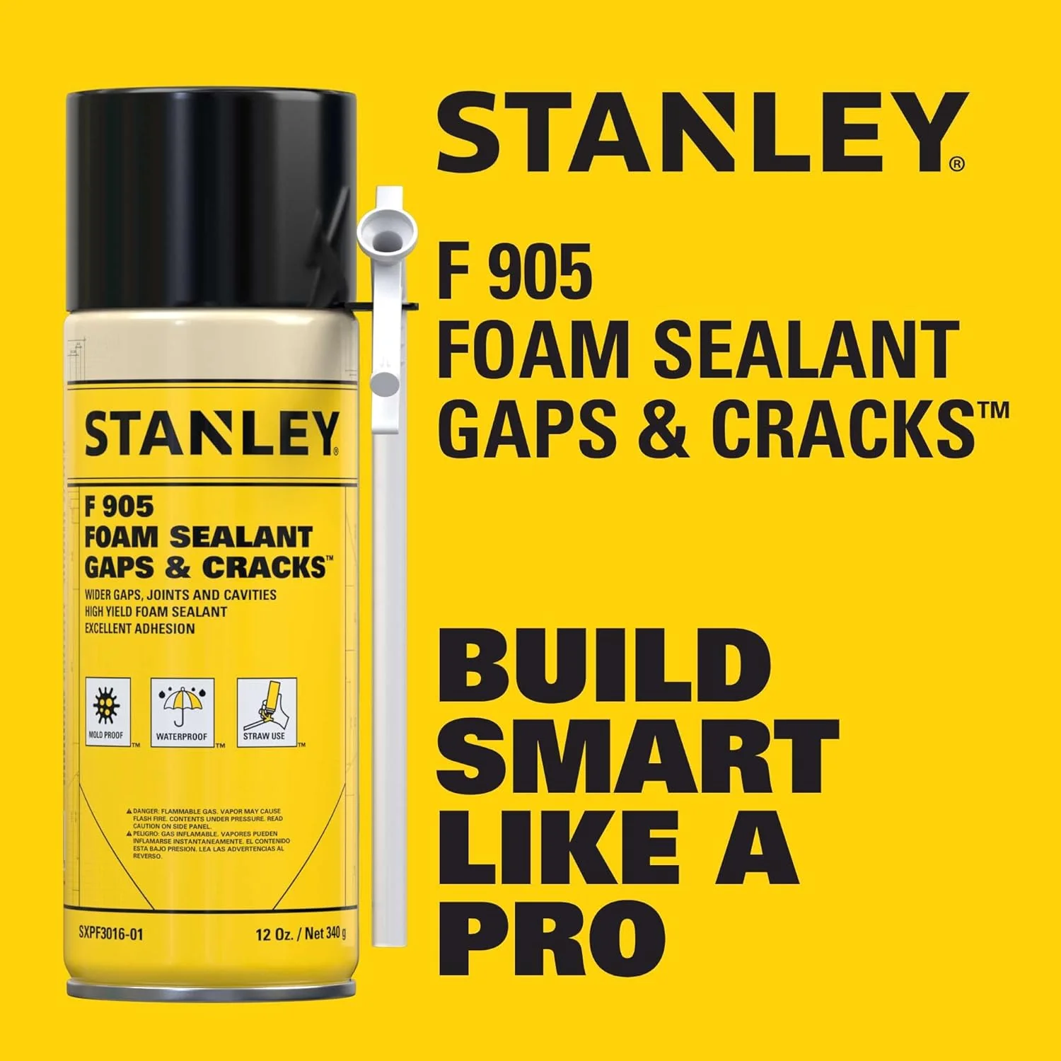 Stanley F905 Gaps & Cracks Sealant, Polyurethane Spray Foam Insulation for Window & Door, Waterproof Gap Filler, Low Expansion Foam for Indoor & Outdoor Use, Straw Use, 12 Oz. (Pack of 1) - Image 2