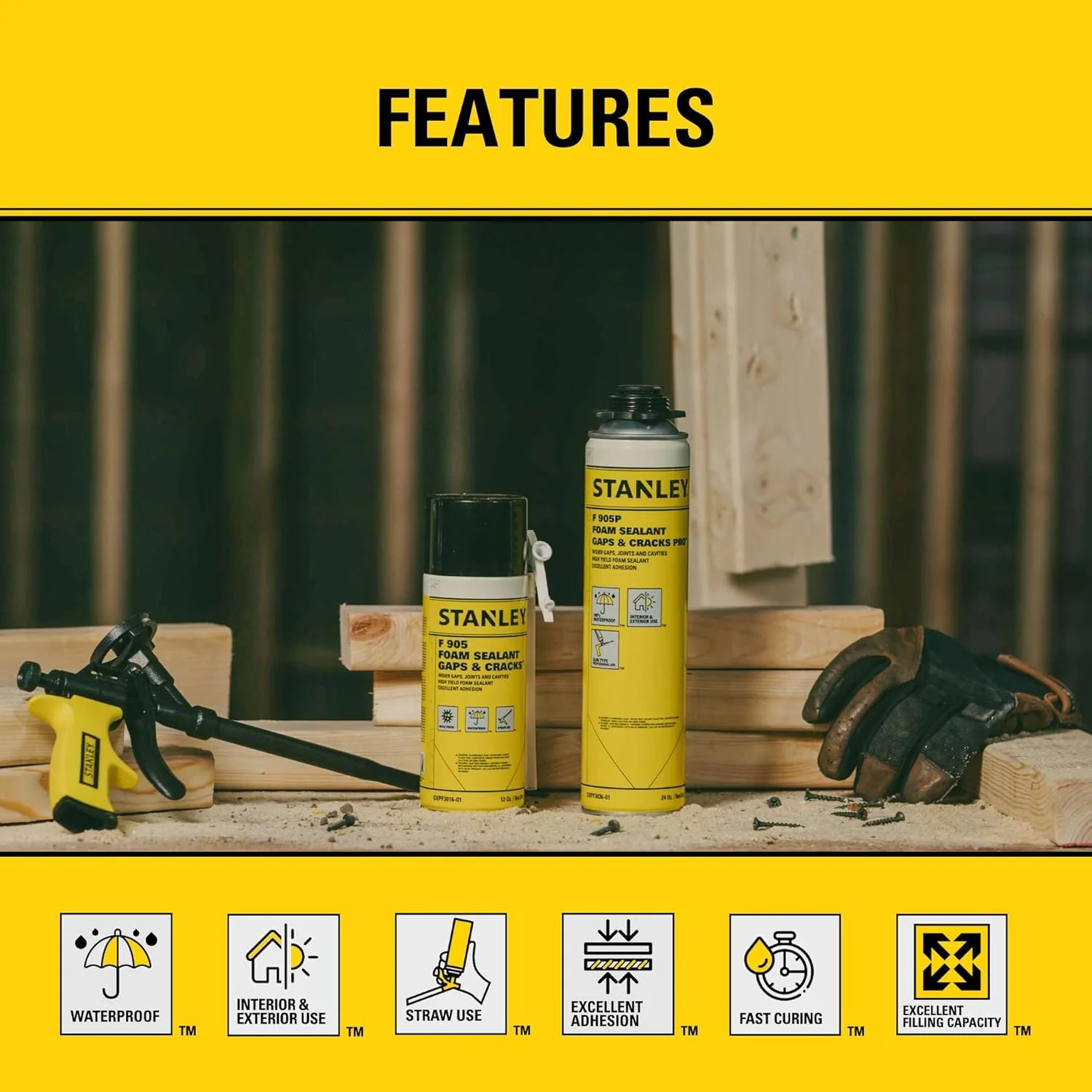 Stanley F905 Gaps & Cracks Sealant, Polyurethane Spray Foam Insulation for Window & Door, Waterproof Gap Filler, Low Expansion Foam for Indoor & Outdoor Use, Straw Use, 12 Oz. (Pack of 1) - Image 3