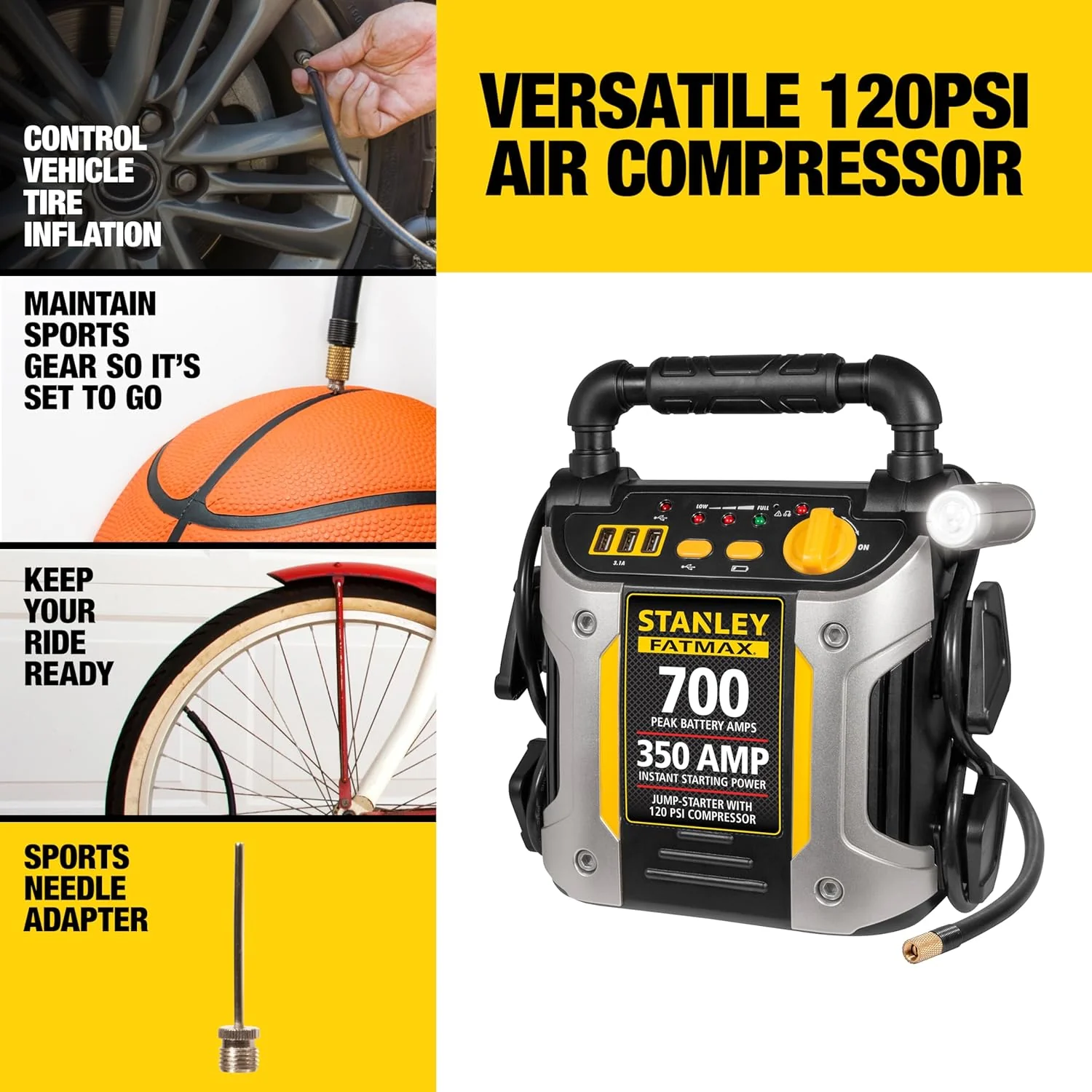 Stanley FATMAX J7CS Portable Power Station Jump Starter 700 Peak Amp Battery Booster, 120 PSI Air Compressor, 3.1A USB Ports, Battery Clamps - Image 4