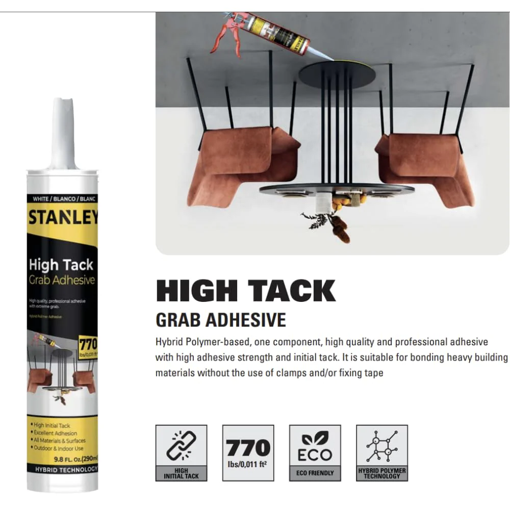 STANLEY High Tack Grab Adhesive Caulk - Hybrid Polymer and Bonding, 9.8 oz (Pack of 12) - Image 3