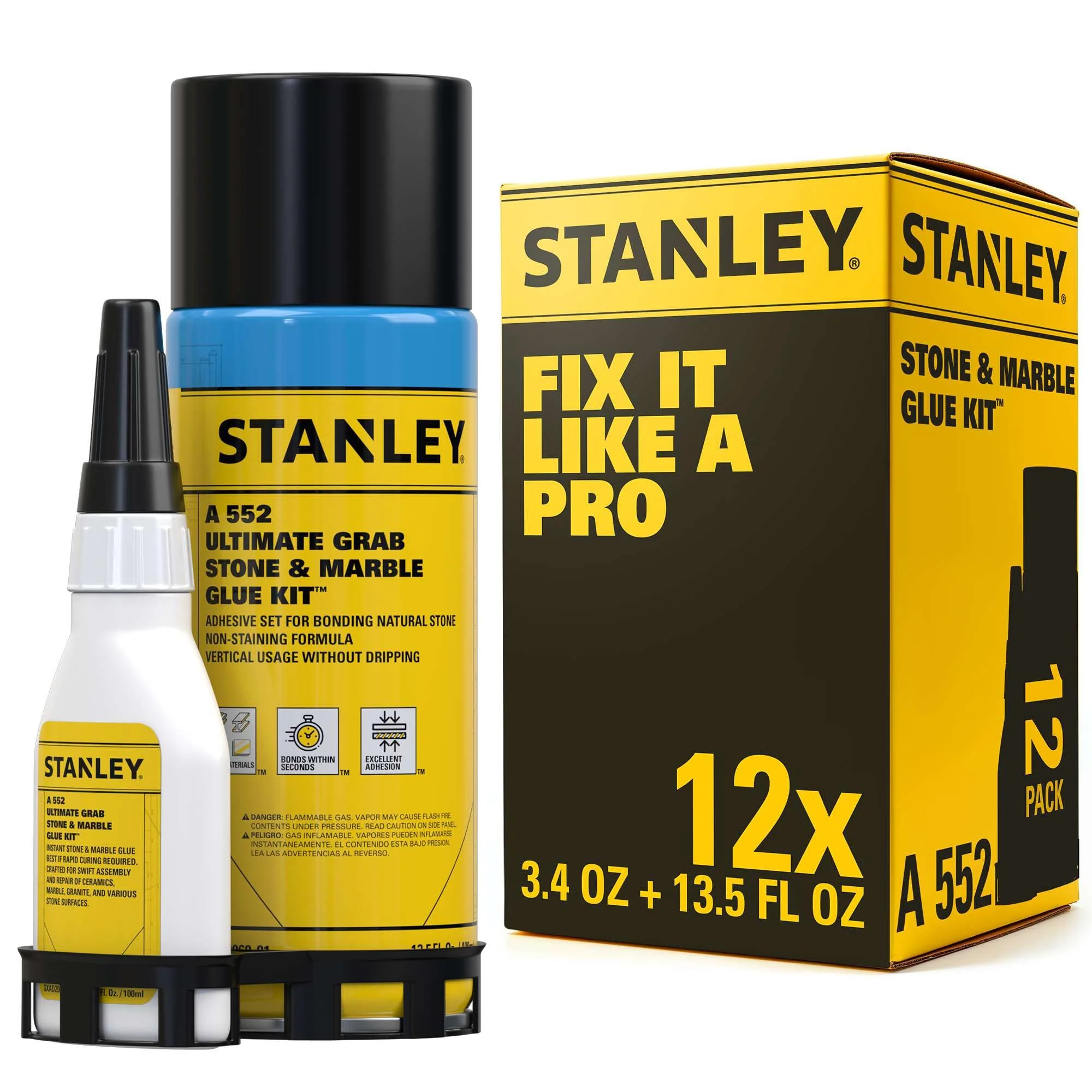 STANLEY Instant Stone & Marble Glue, CA Adhesive with Activator, Cyanoacrylate Bonding Spray for Tile and Craft, Granite, Quartz, Repair, 13.5 fl oz (Pack of 12)