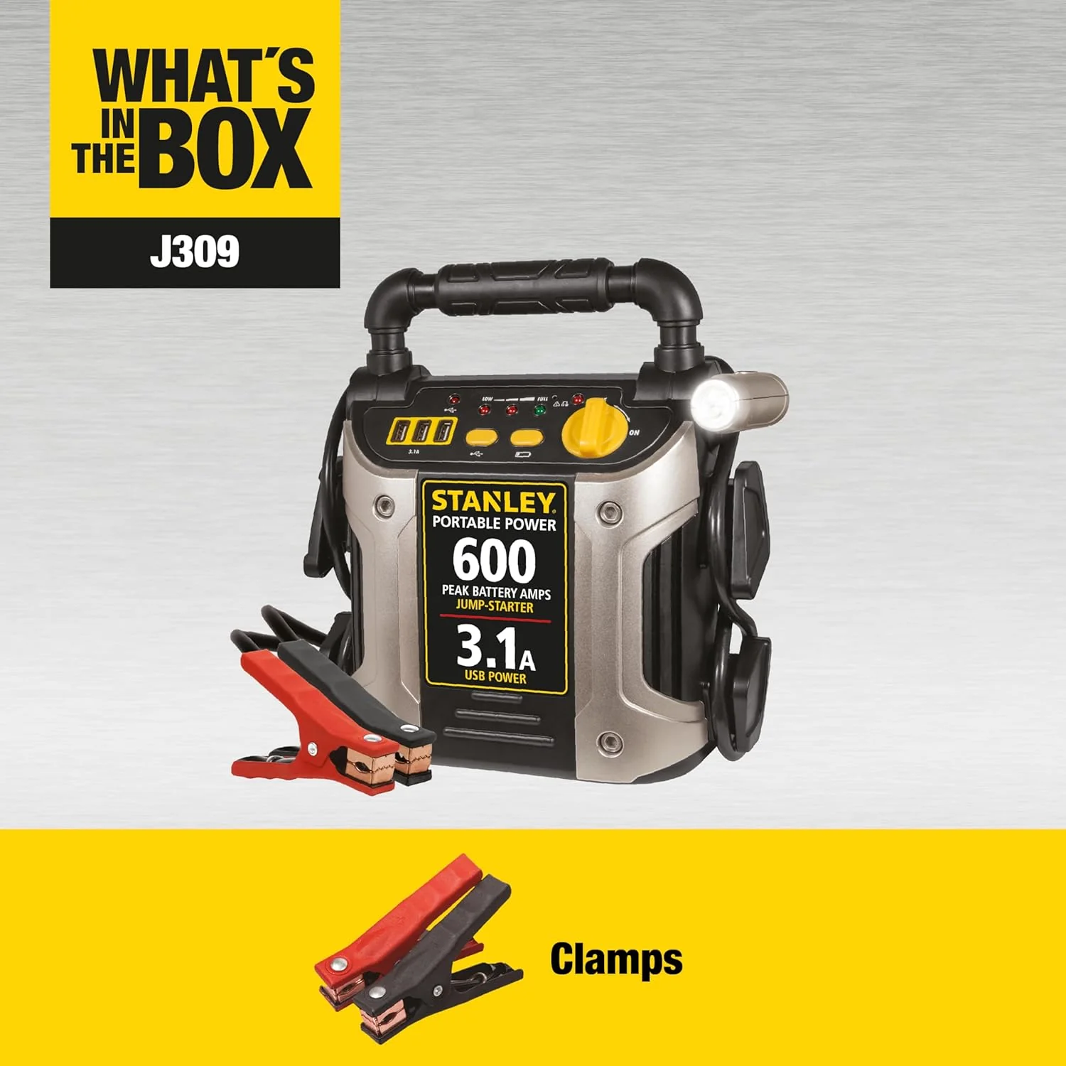 STANLEY J309 Portable Power Station Jump Starter: 600 Peak/300 Instant Amps, 3.1A USB Ports, Battery Clamps - Image 2