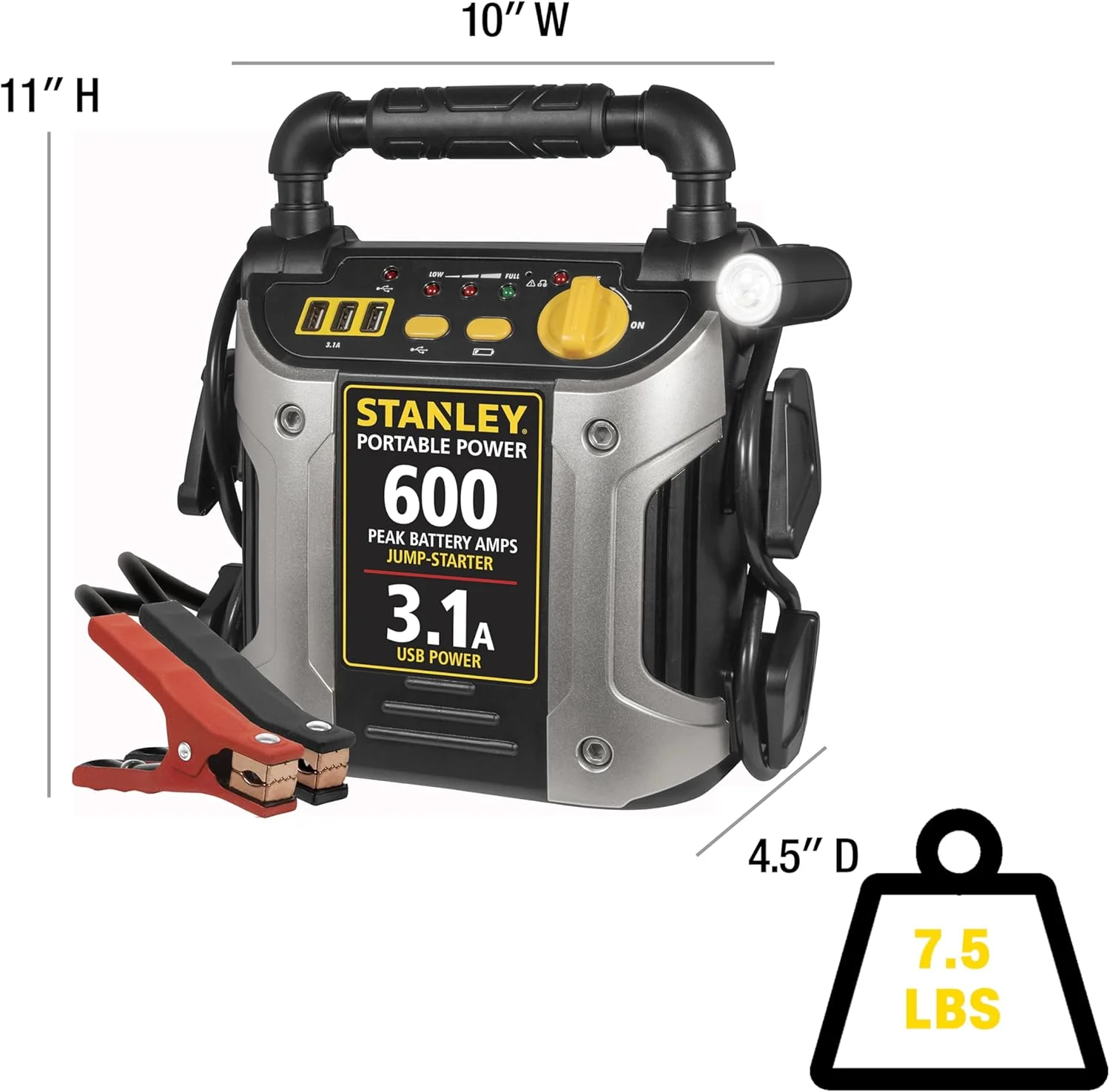 STANLEY J309 Portable Power Station Jump Starter: 600 Peak/300 Instant Amps, 3.1A USB Ports, Battery Clamps - Image 4
