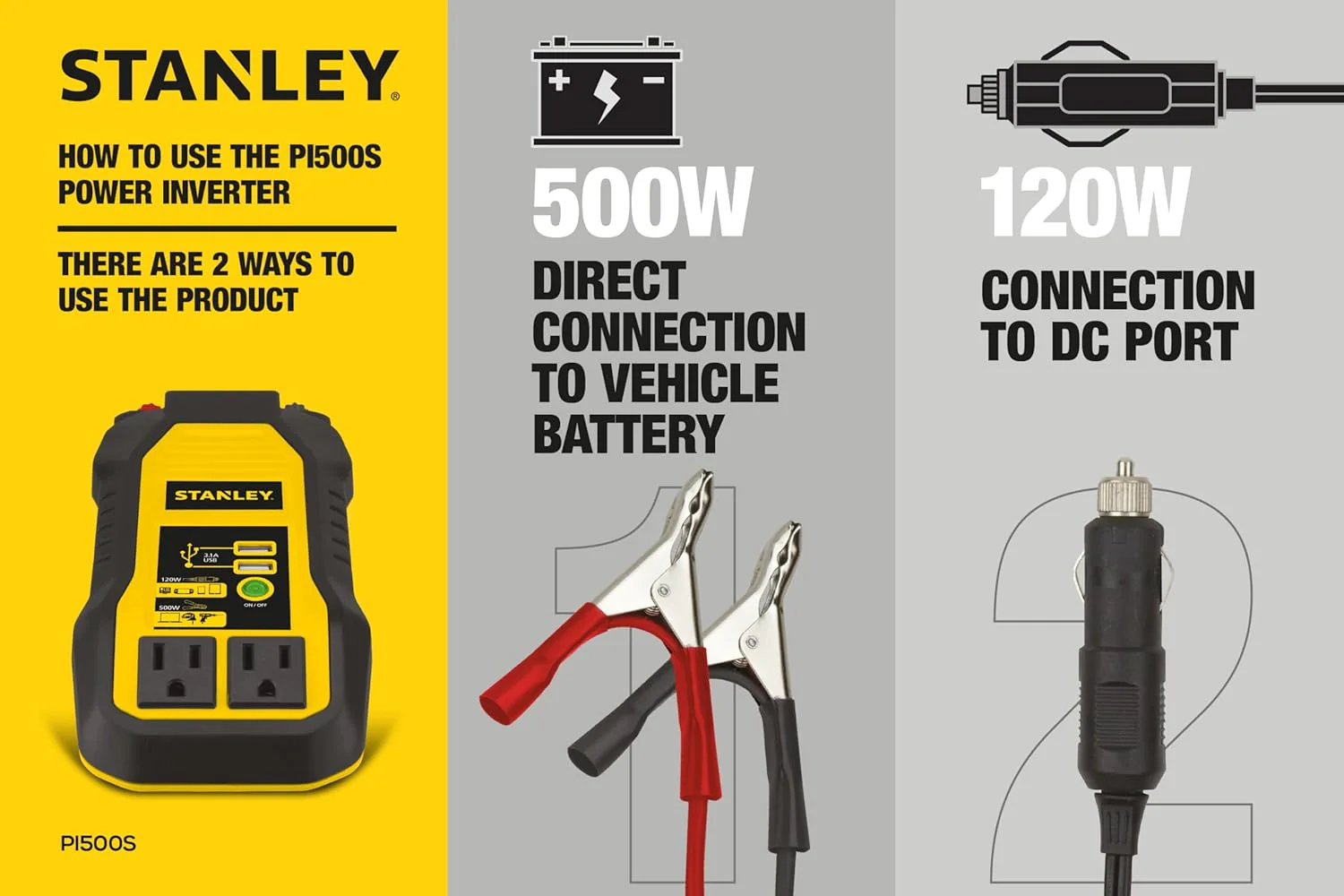 STANLEY PI500S Power Inverter 500W Car Converter: Dual AC Outlets, 3.1A USB Ports, 12V DC Adapter, Battery Clamps - Image 6