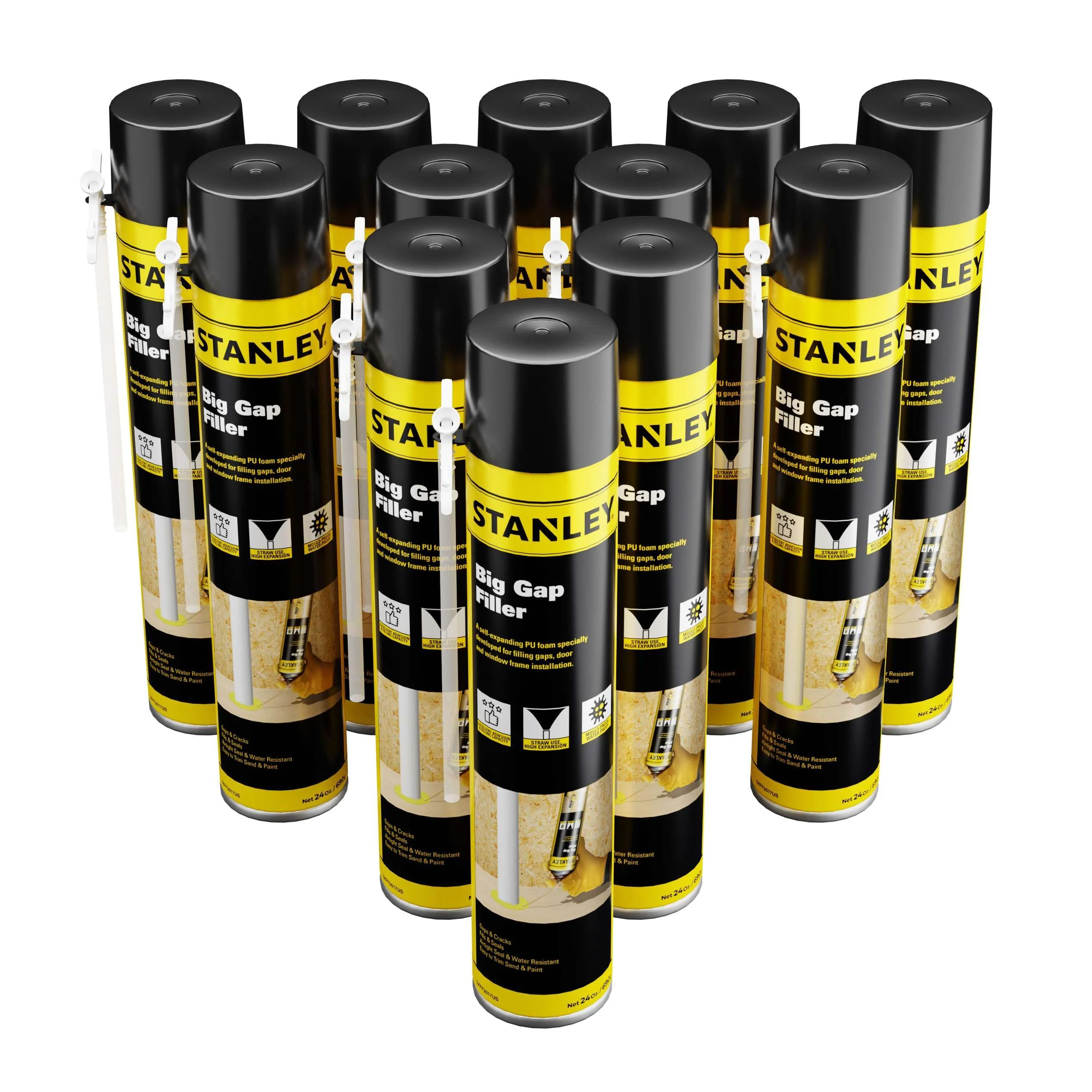STANLEY Pro Gap Filler - Window & Door Filler, Gaps & Cracks, Expanding Spray Foam Sealant - Gun Use, Gun NOT Included - 24 Oz, Pro Gap Filler (Pack of 12)
