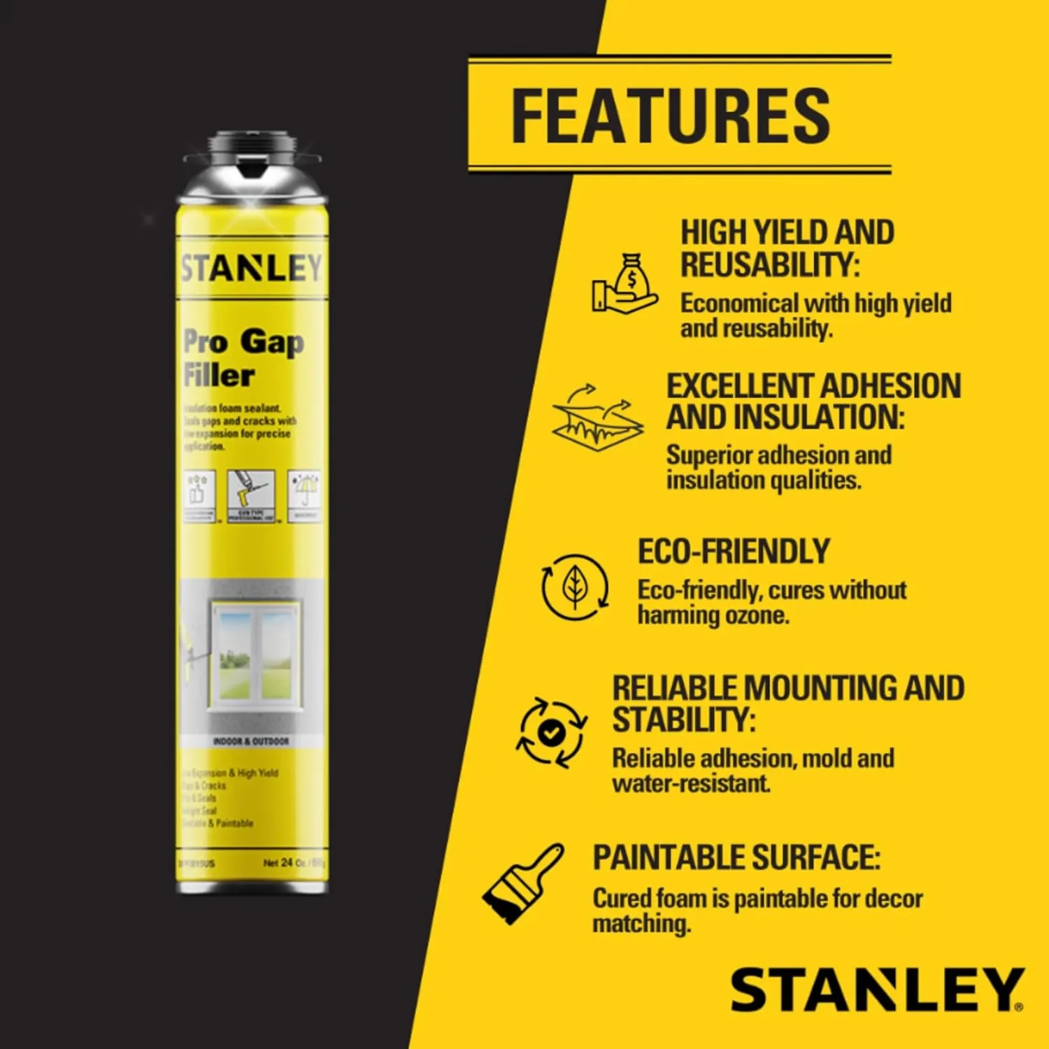 STANLEY Pro Gap Filler - Window & Door Filler, Gaps & Cracks, Expanding Spray Foam Sealant, Gun Not Included, 24 Oz (Pack of 1) - Image 3