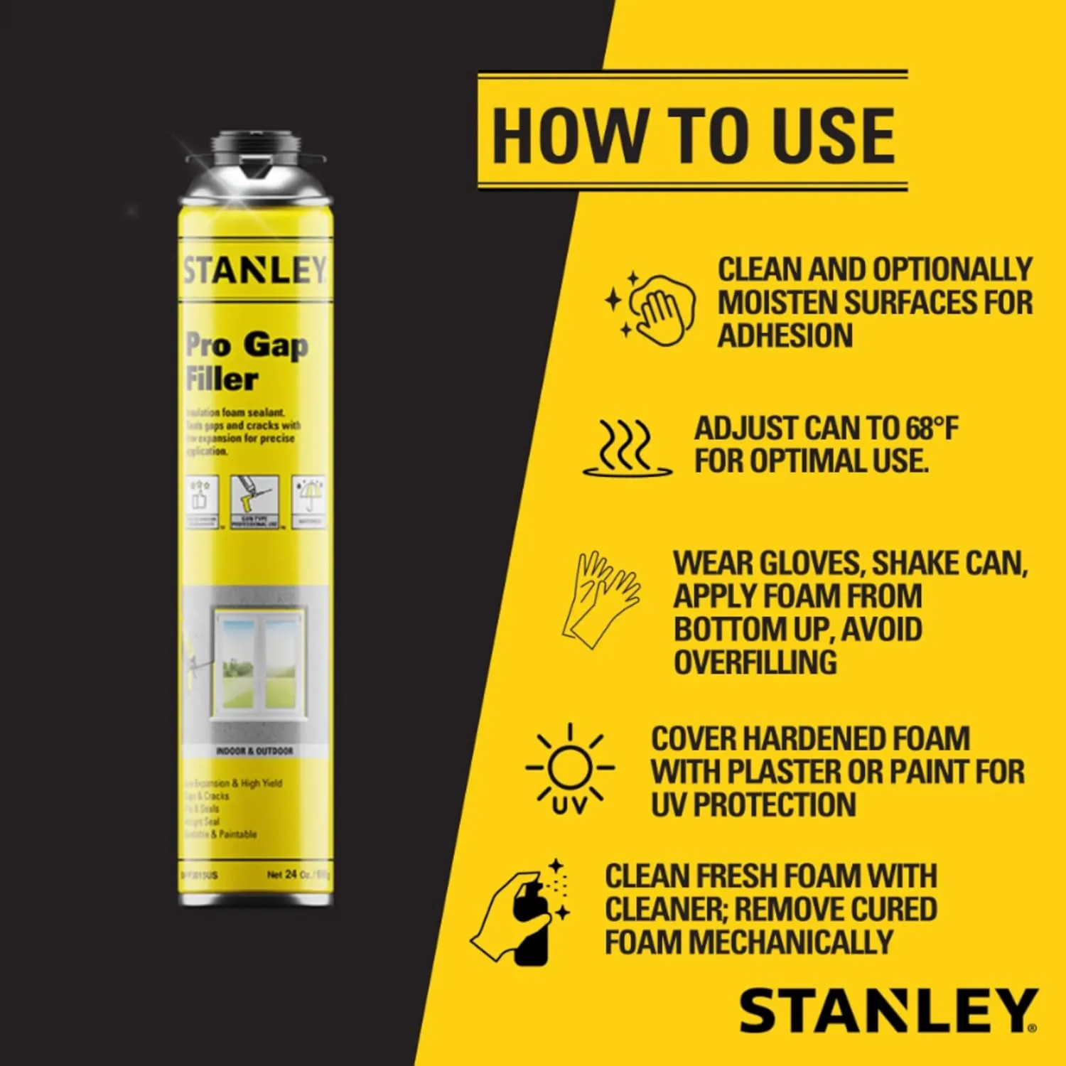 STANLEY Pro Gap Filler - Window & Door Filler, Gaps & Cracks, Expanding Spray Foam Sealant, Gun Not Included, 24 Oz (Pack of 1) - Image 4