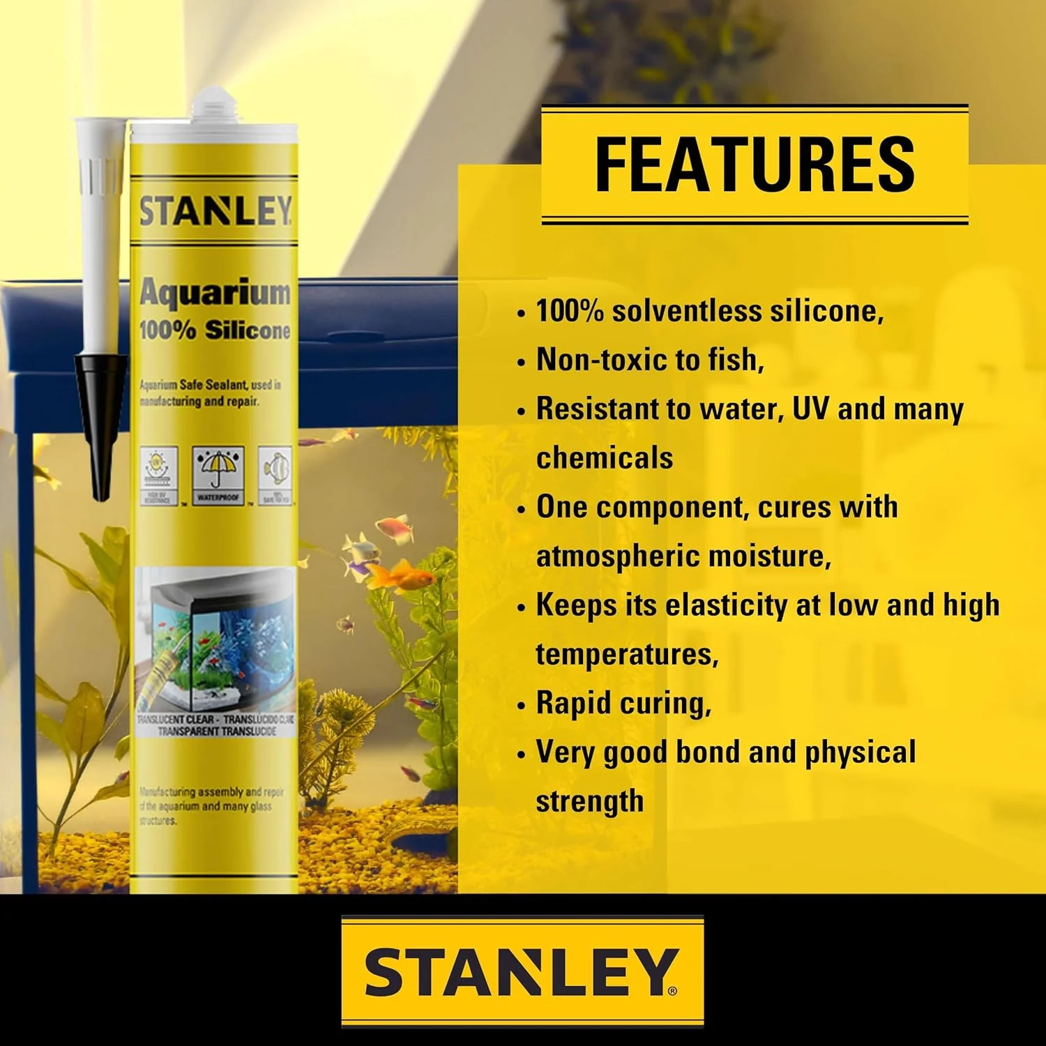 Stanley S420 Aquarium Silicone Sealant Clear, 10.1 Fl. Oz. Fish Tank Safe, Waterproof Bond to Glass, High Elasticity, Non-Toxic Aquarium Sealer for Freshwater & Saltwater (Pack of 1) - Image 4