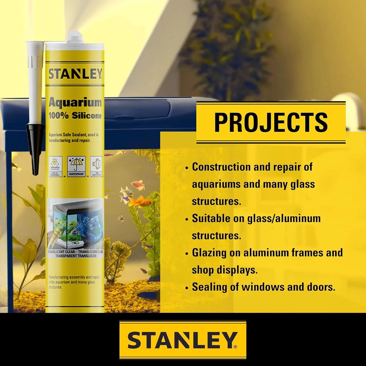 Stanley S420 Aquarium Silicone Sealant Clear, Fish Tank Safe, Waterproof Bond to Glass, High Elasticity, Non-Toxic Aquarium Sealer for Freshwater & Saltwater, 10.1 Fl. Oz. (Pack of 2) - Image 3