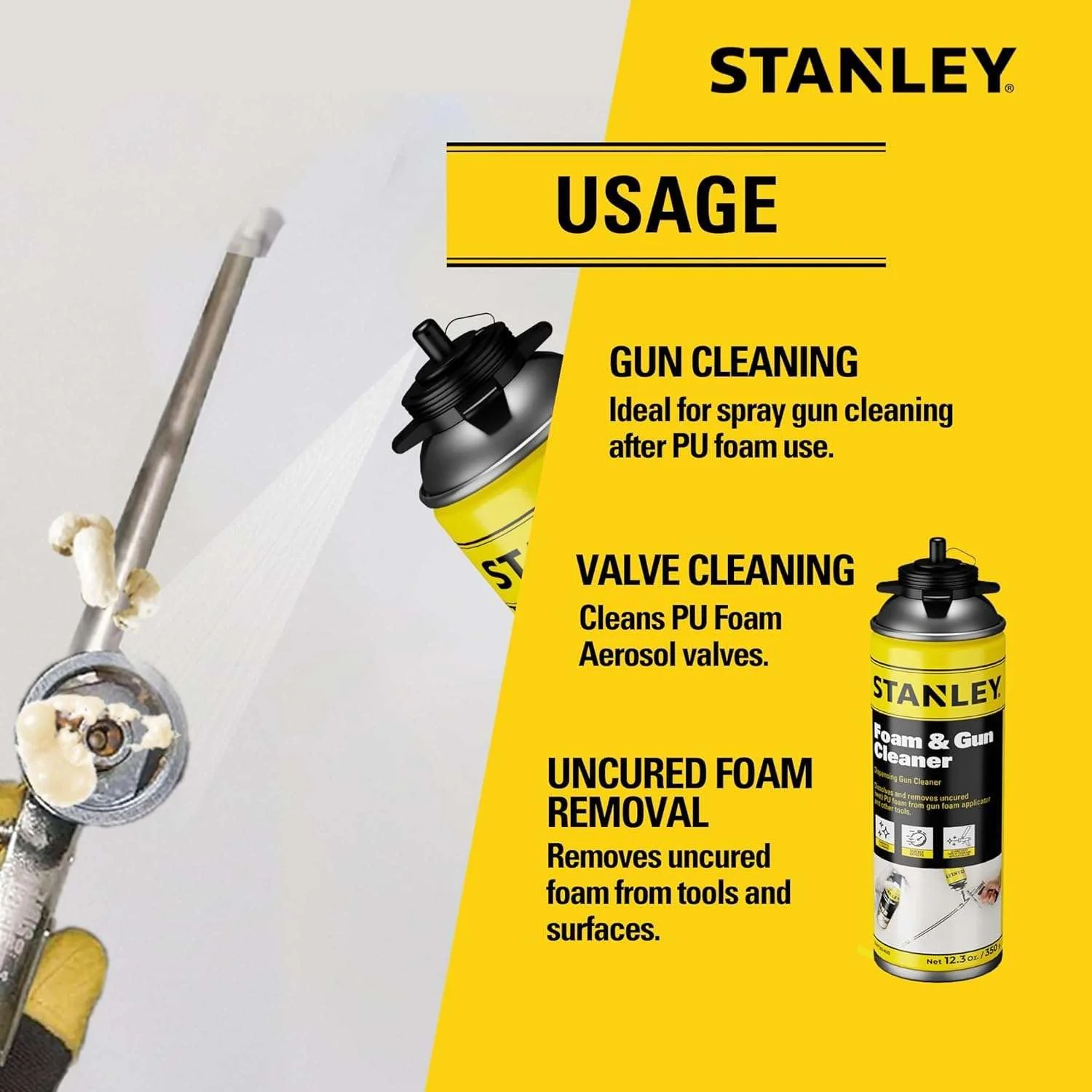 STANLEY Spray Foam Dispensing Gun Cleaner - Uncured Expanding Polyurethane Foam Dissolver - 12.3 oz, 12 Pack - Image 8